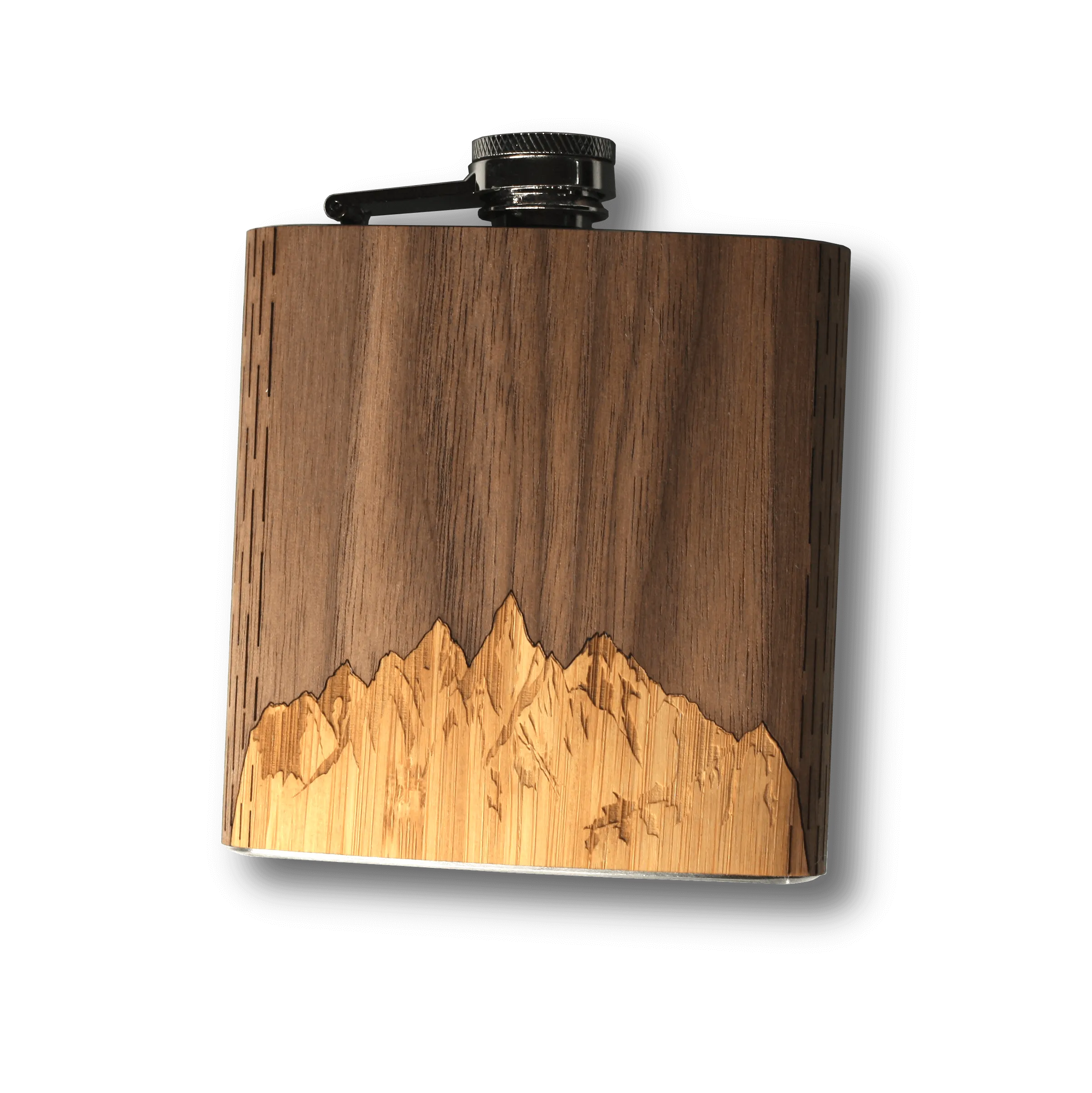 6 oz. Wooden Hip Flask (Sawtooth Mountains in Bamboo & Black Walnut)