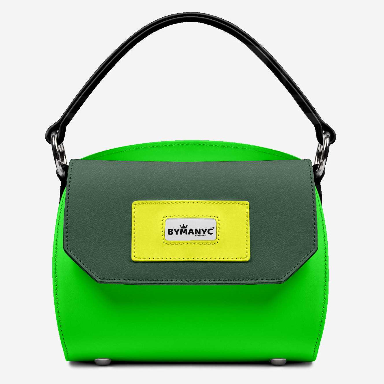 Green handbag with a yellow label on a white background
