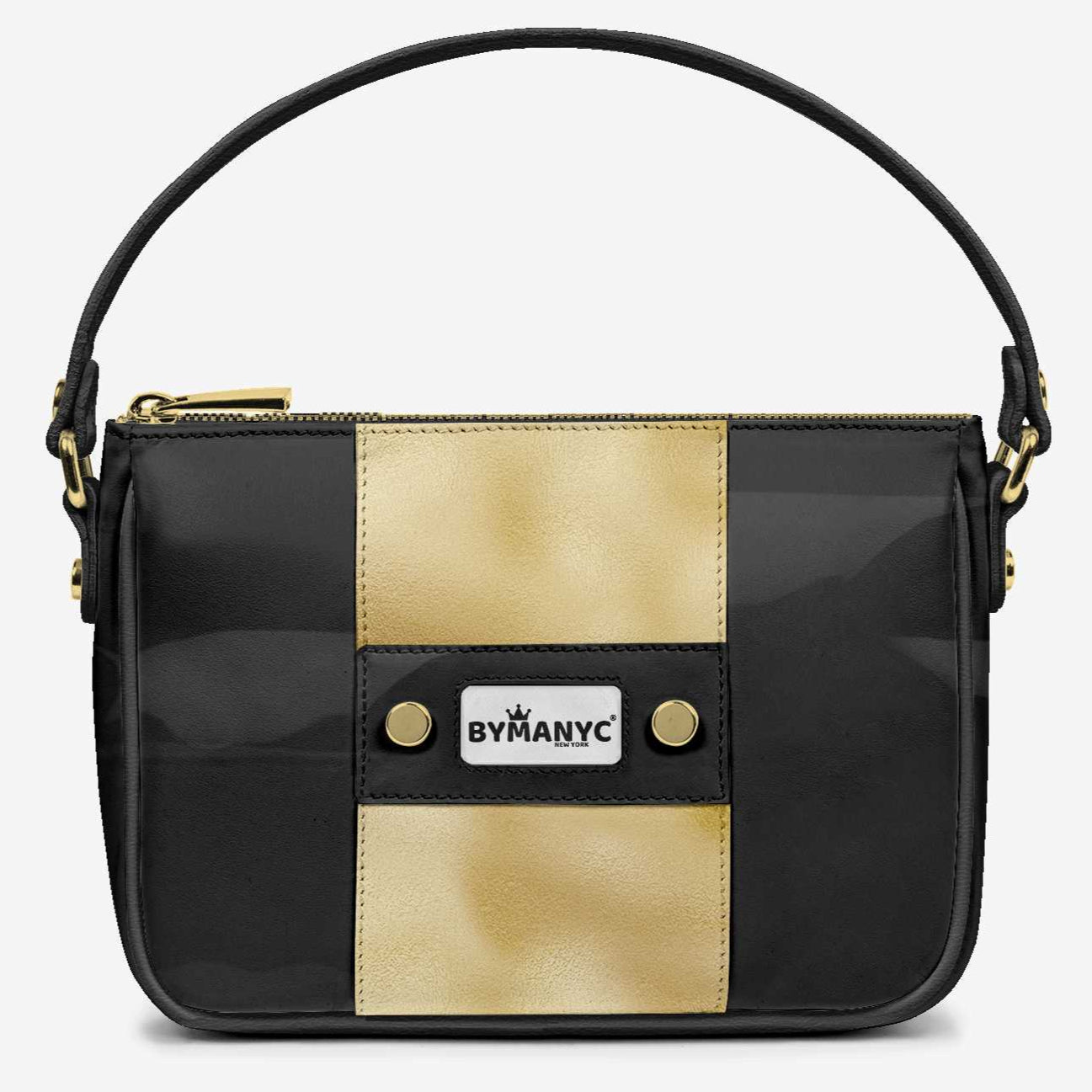 Black and gold handbag with 'BYMANYC' logo on a white background