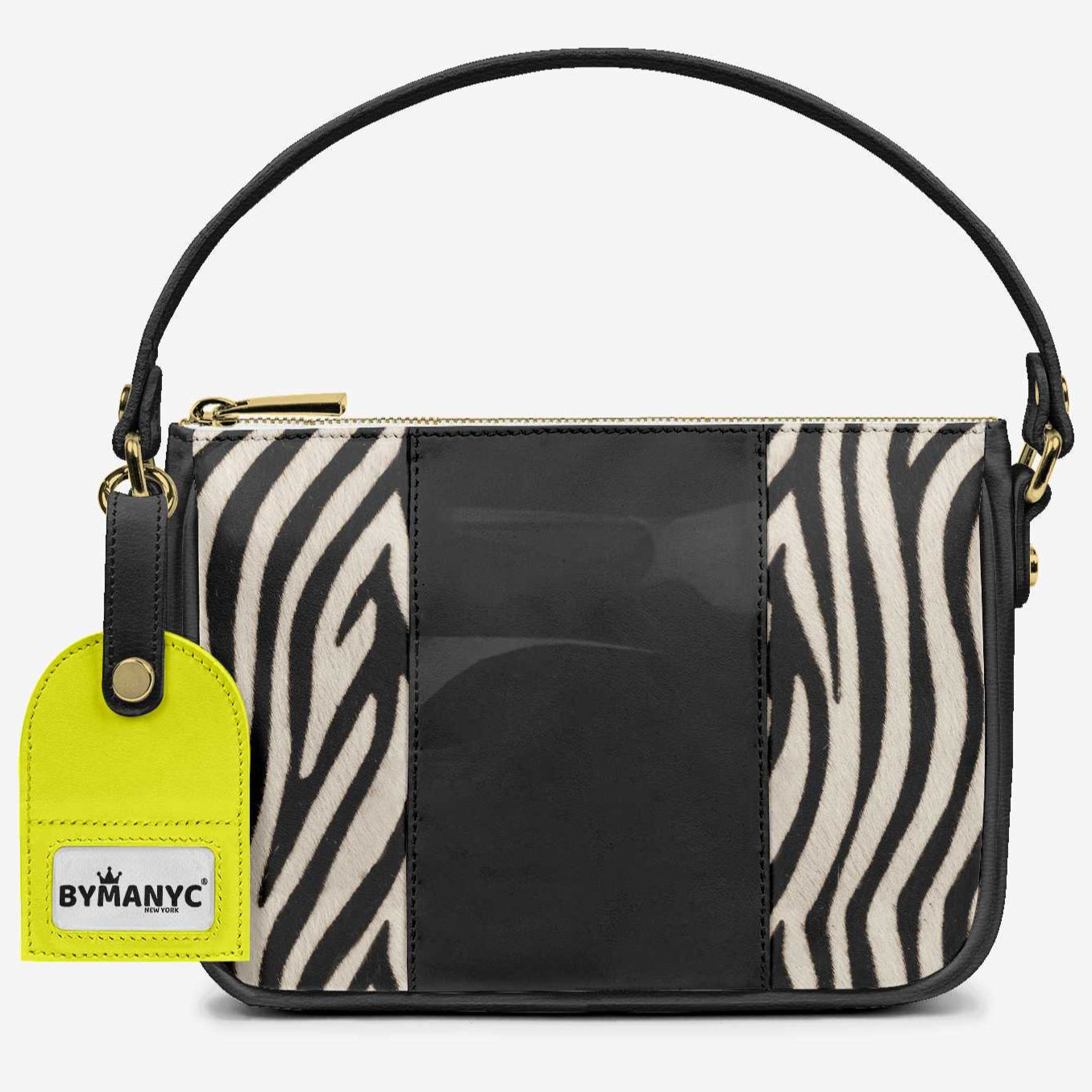 Handbag with zebra pattern and black strap on a white background