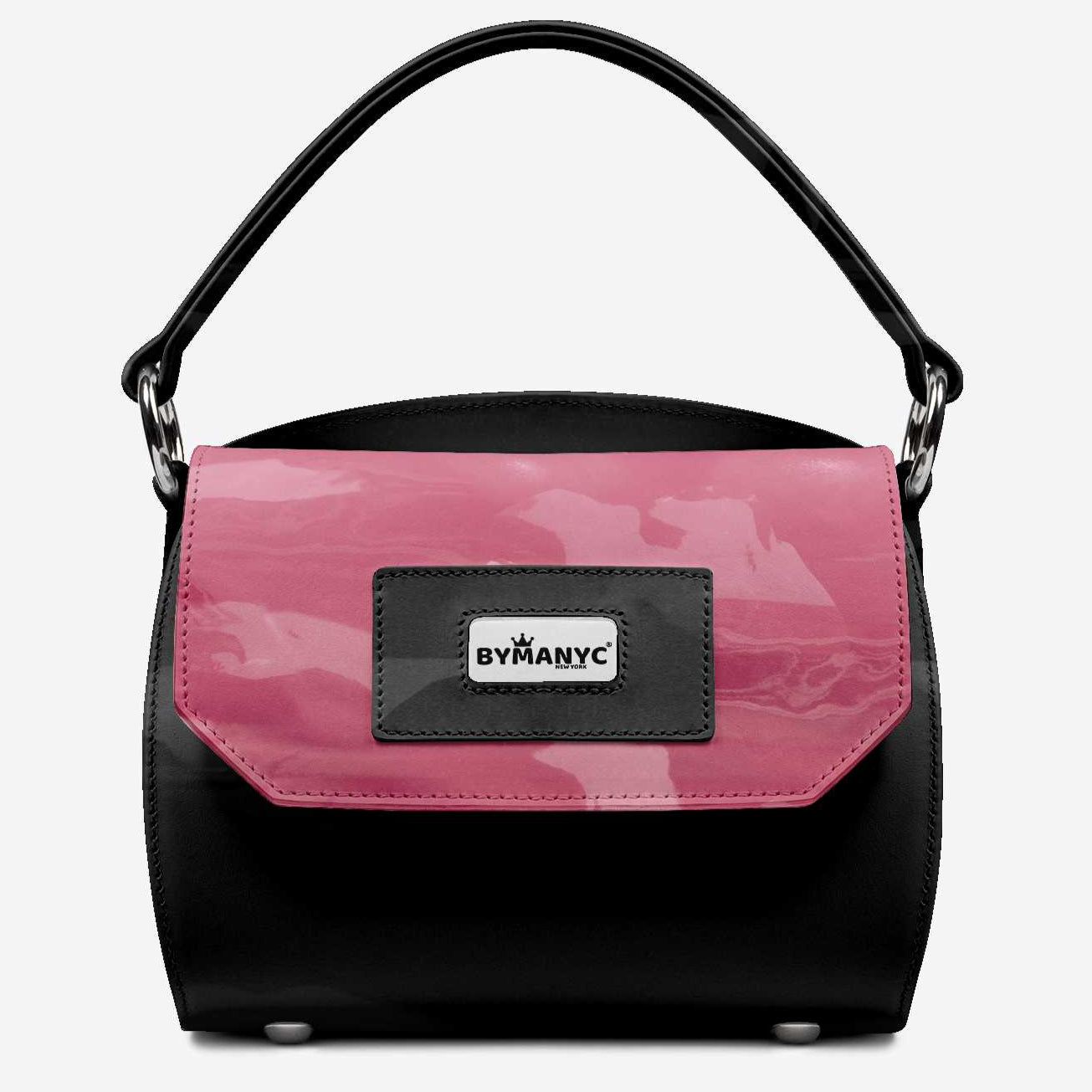 Black and pink handbag with logo on a light gray background