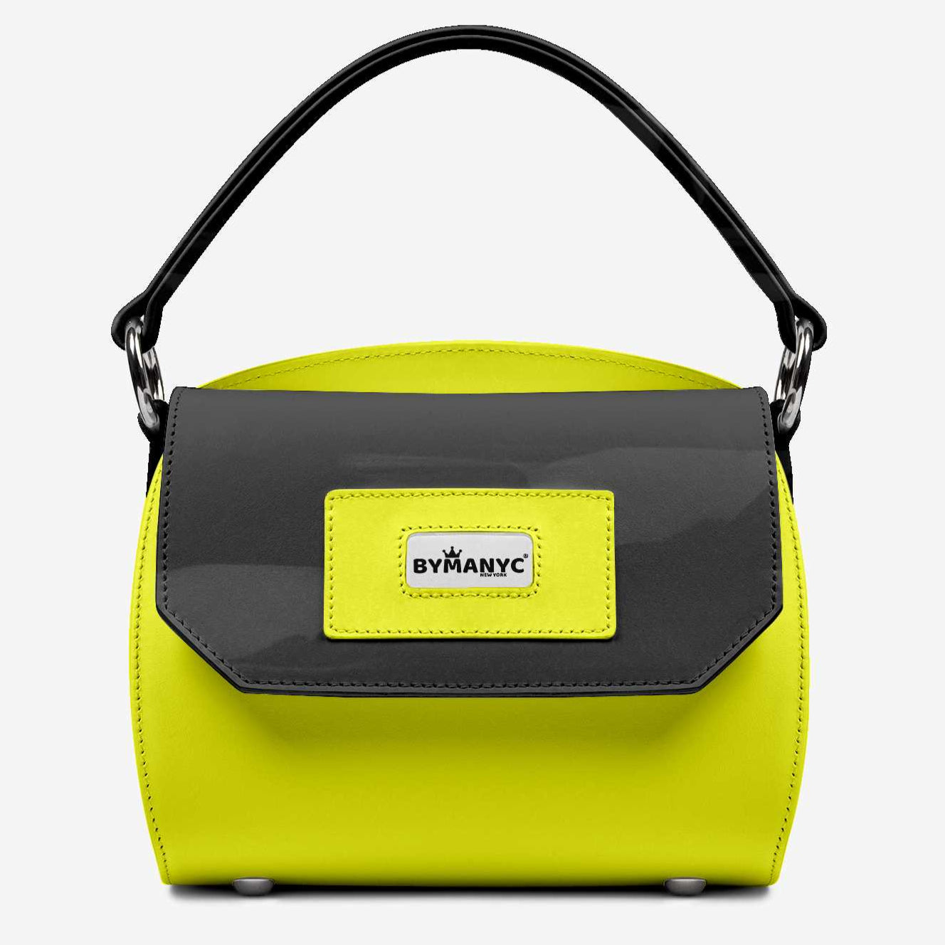 Yellow handbag with black accents on a white background