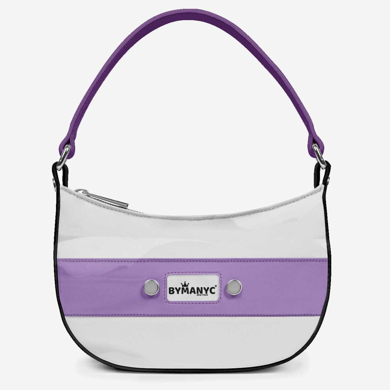 Purple and white handbag with branding on a light gray background