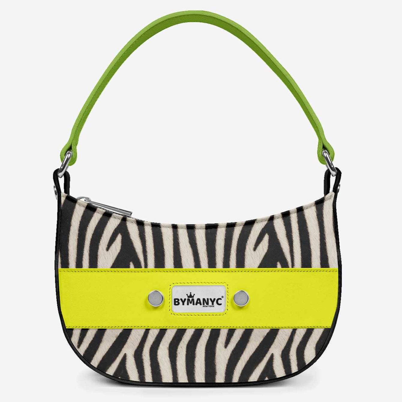 Handbag with zebra pattern and yellow band on a white background