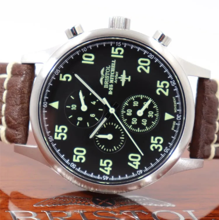 B-25 Mitchell Tribute Men's Watch - Stainless Steel, Brush Finish, Black Dial, Brown Leather Stitched Band