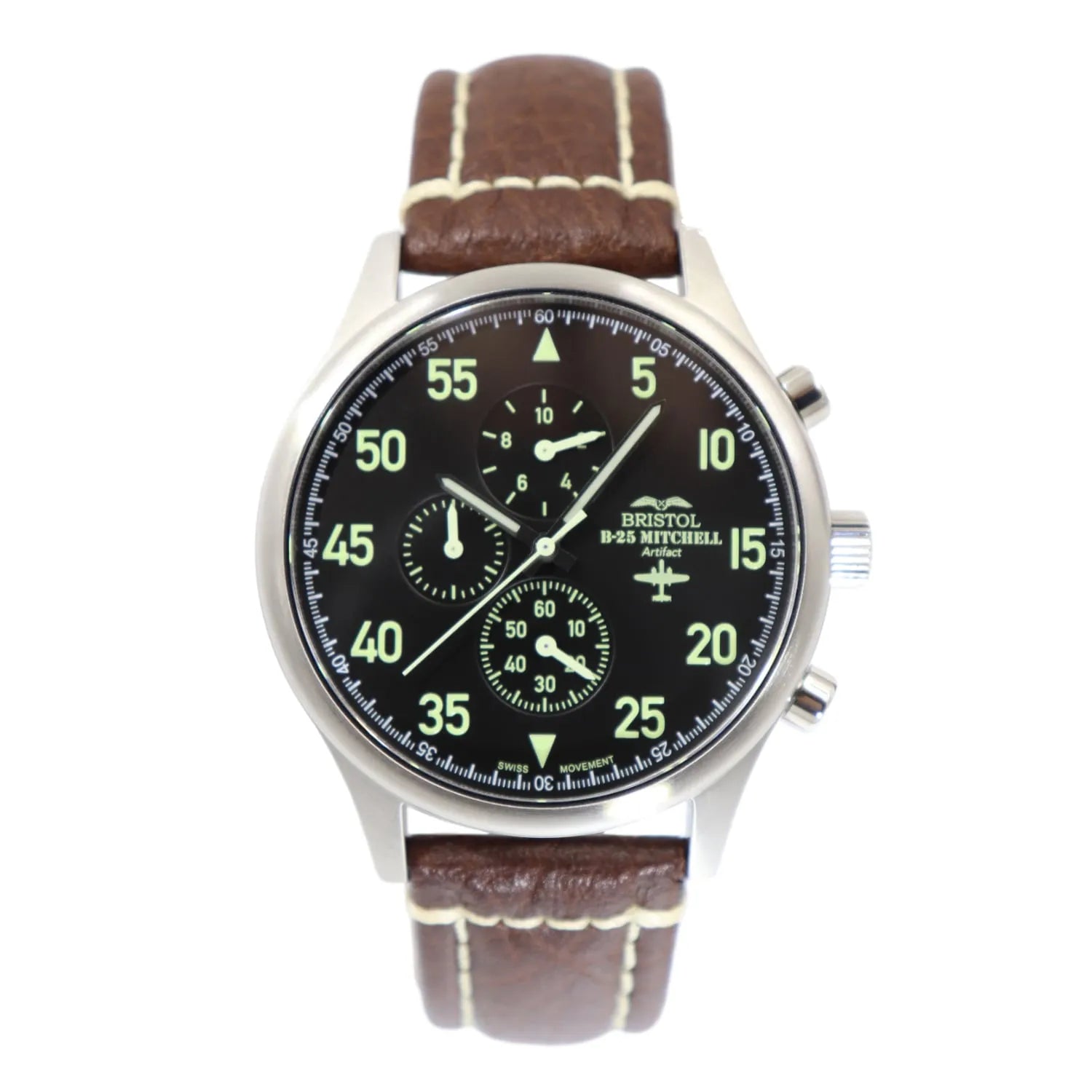 B-25 Mitchell Tribute Men's Watch - Stainless Steel, Brush Finish, Black Dial, Brown Leather Stitched Band