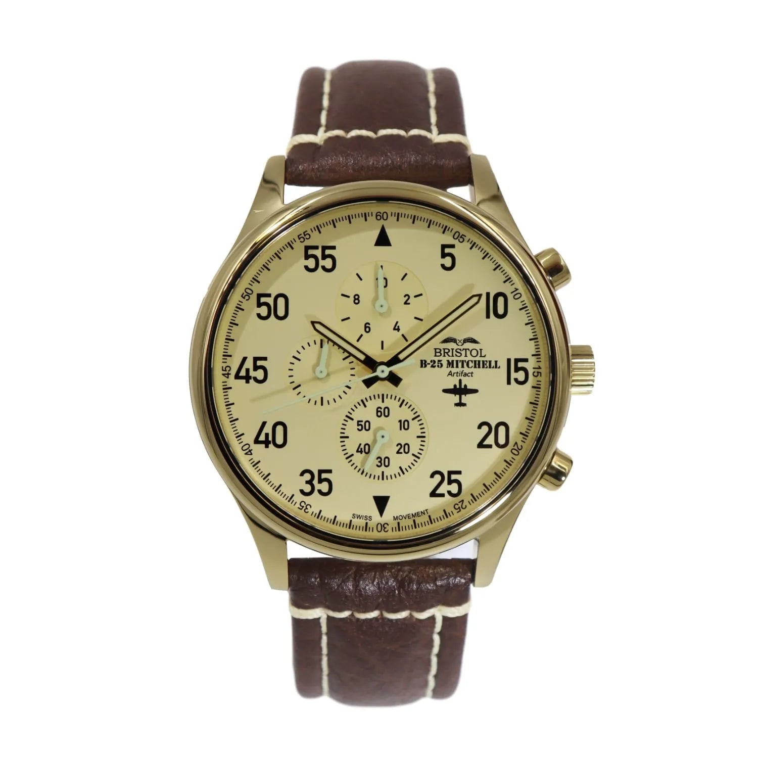 B-25 Mitchell Tribute Men's Watch - Gold Finish, Beige Dial, Brown Leather Band with Stitching