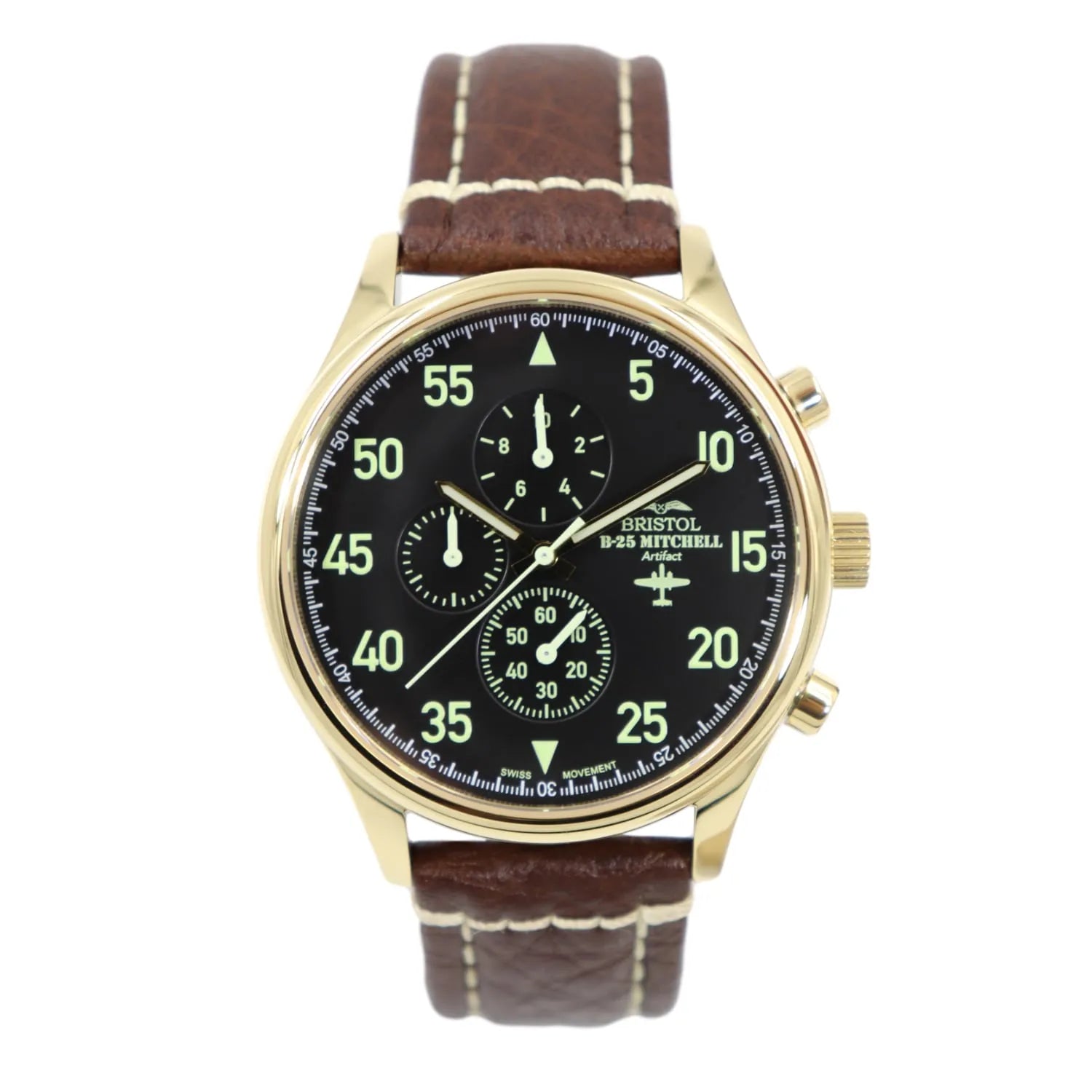 B-25 Mitchell Tribute Men's Watch - Gold Finish, Black Dial, Brown Leather Band with Stitching