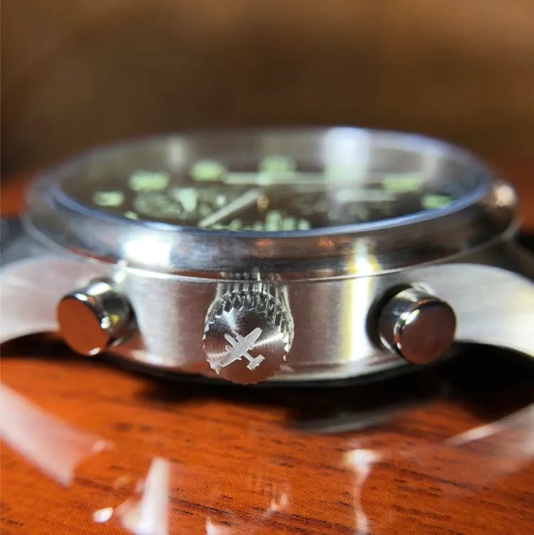B-25 Mitchell Tribute Men's Watch - Stainless Steel, Brush Finish, Black Dial, Brown Leather Stitched Band