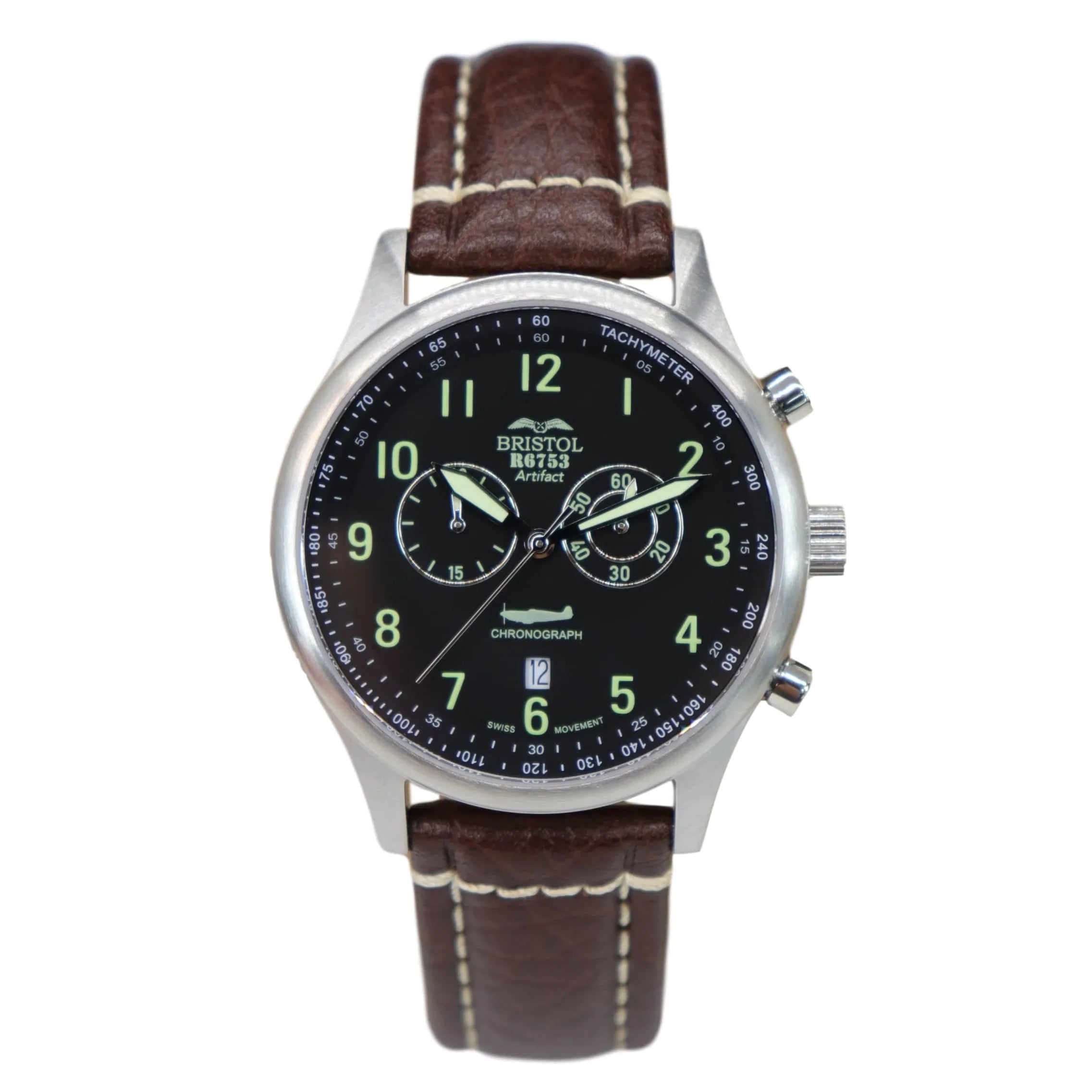 R6753 - Our Spitfire R6753 Tribute Men's Watch - Stainless Steel, Brush Finish, Brown Leather Band
