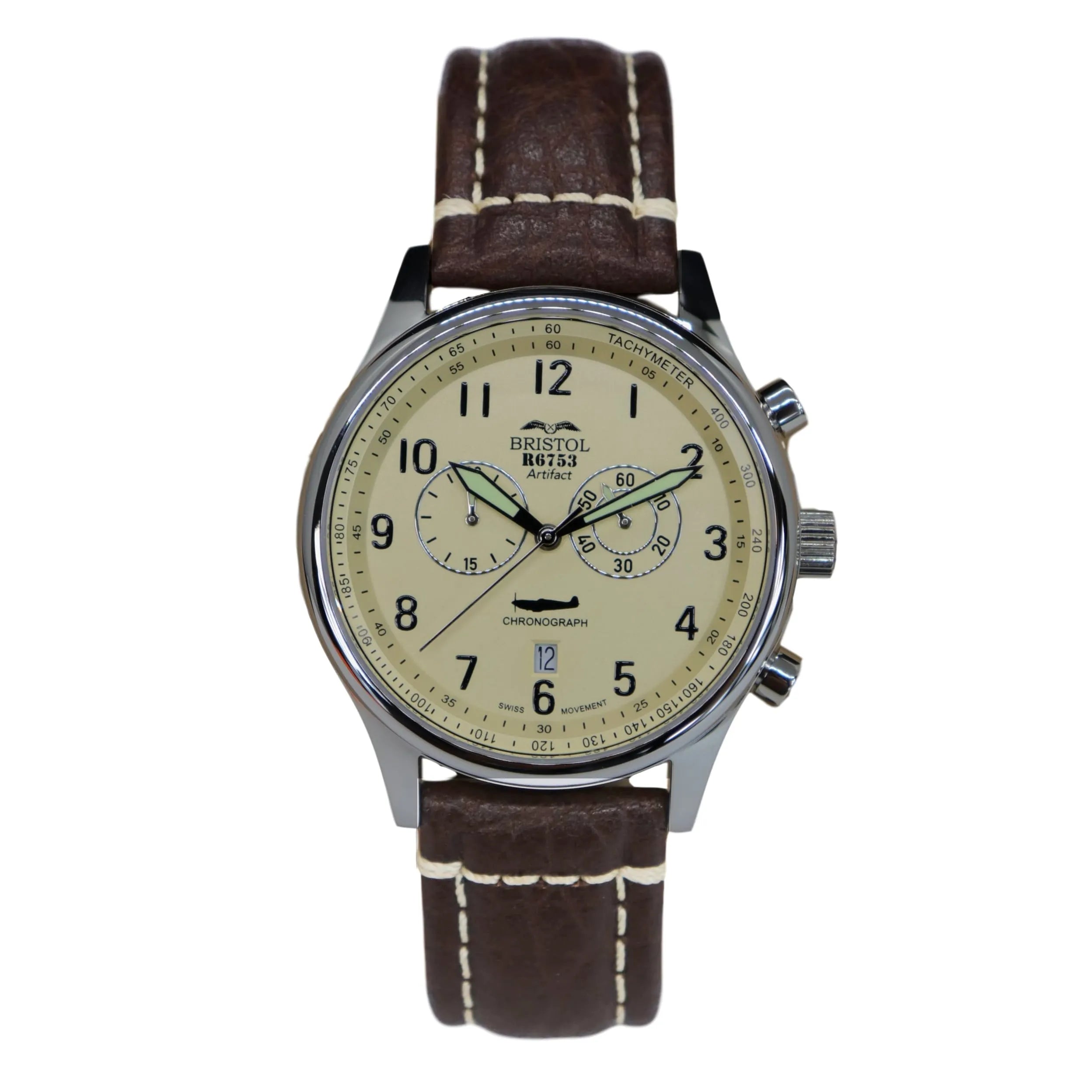 R6753 - Our Spitfire R6753 Tribute Men's Watch - Stainless Steel, Polished Finish, Beige Dial, Brown Leather Band