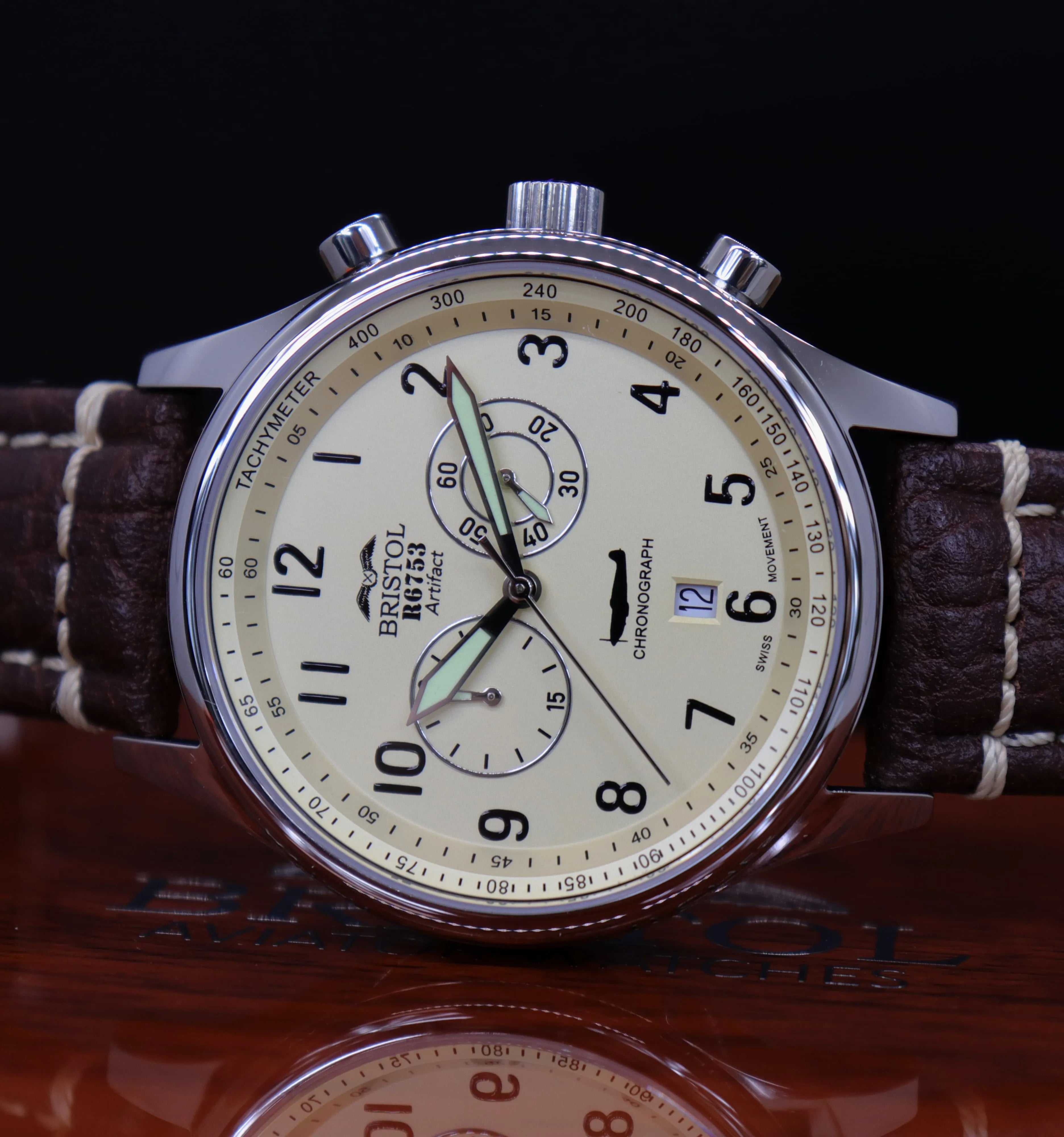 R6753 - Our Spitfire R6753 Tribute Men's Watch - Stainless Steel, Polished Finish, Beige Dial, Brown Leather Band