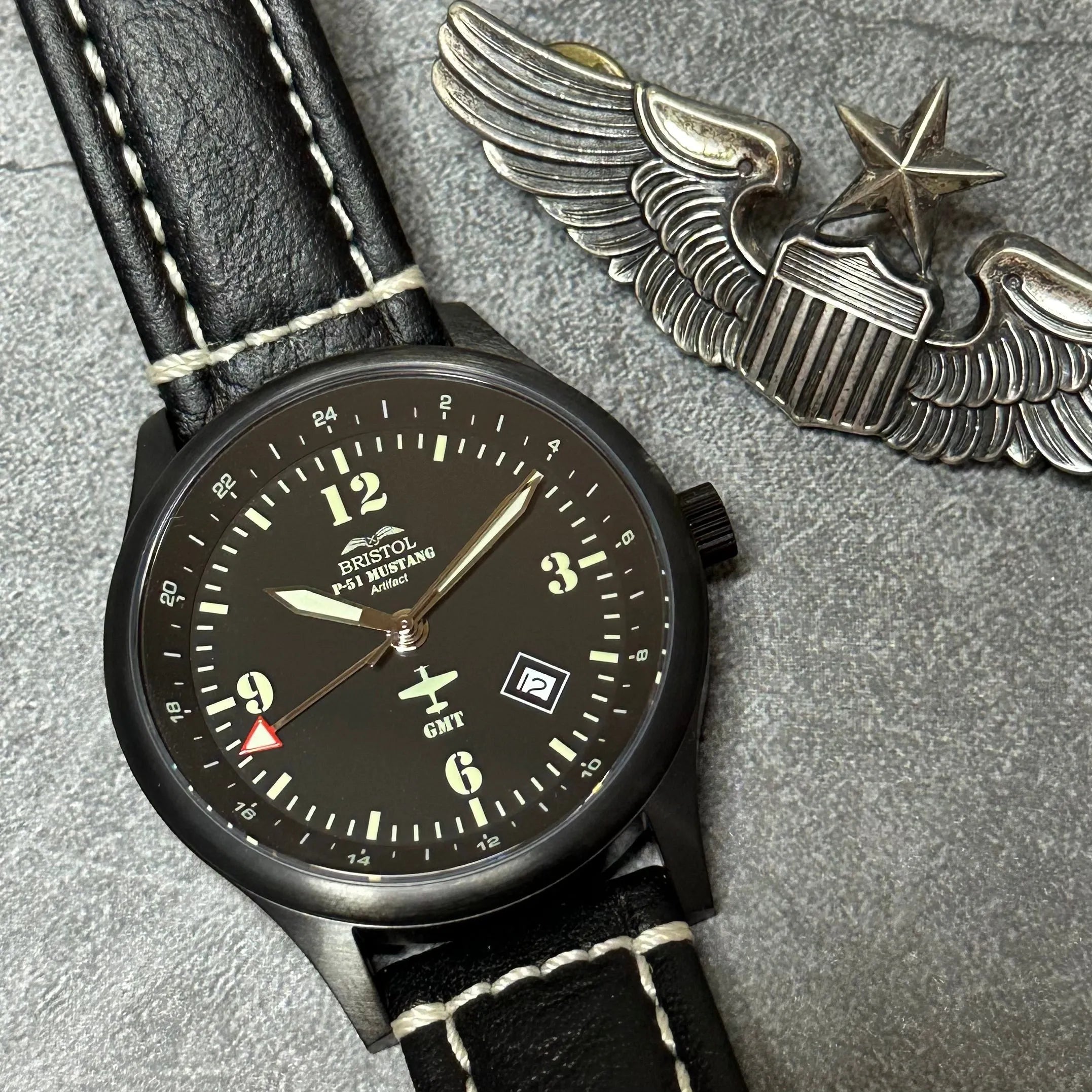 P-51 Mustang Tribute Men's Watch - Stainless Steel, Black Finish, Black Leather Band