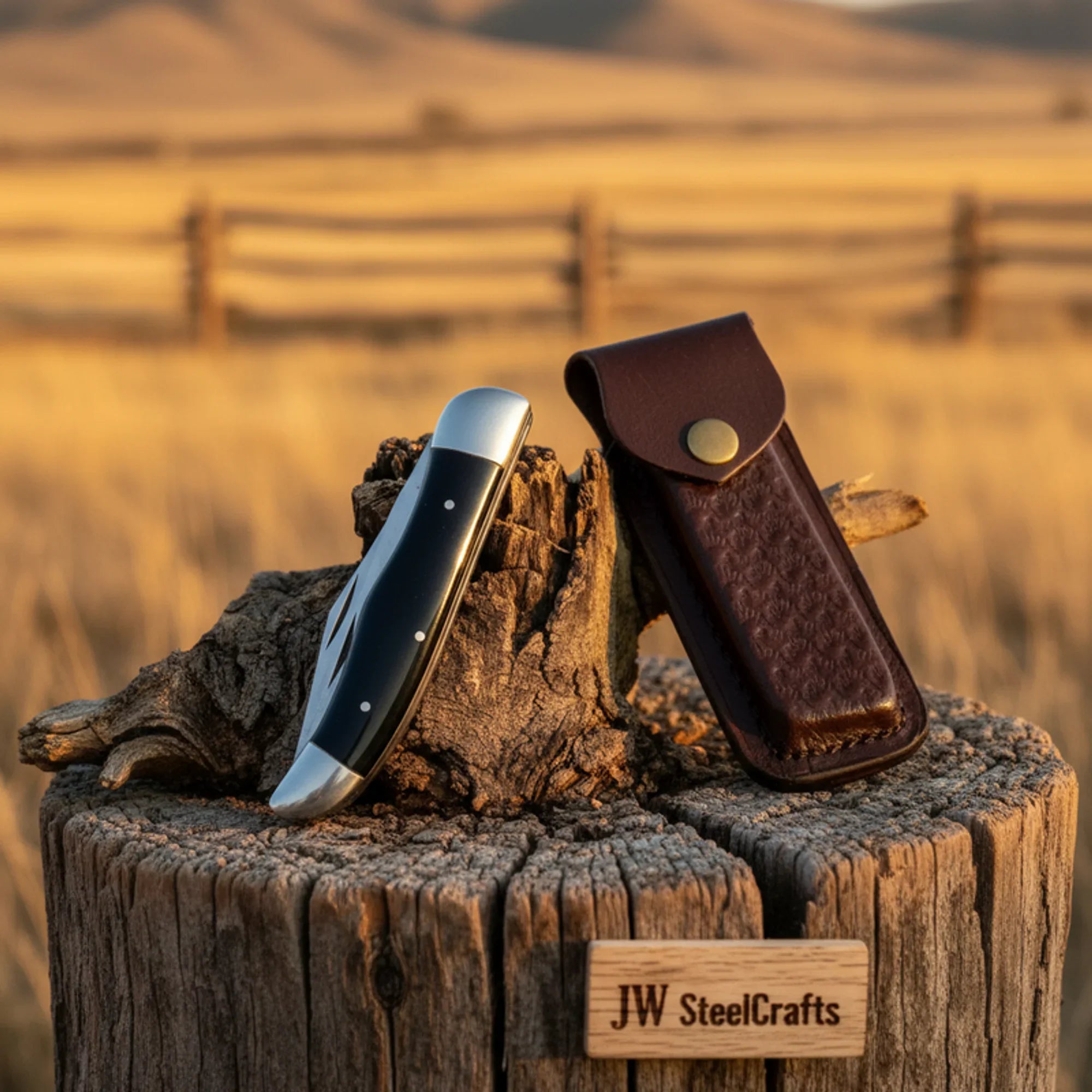Prairie Trapper Knife with Black Resin Handle and Steel Bolster
