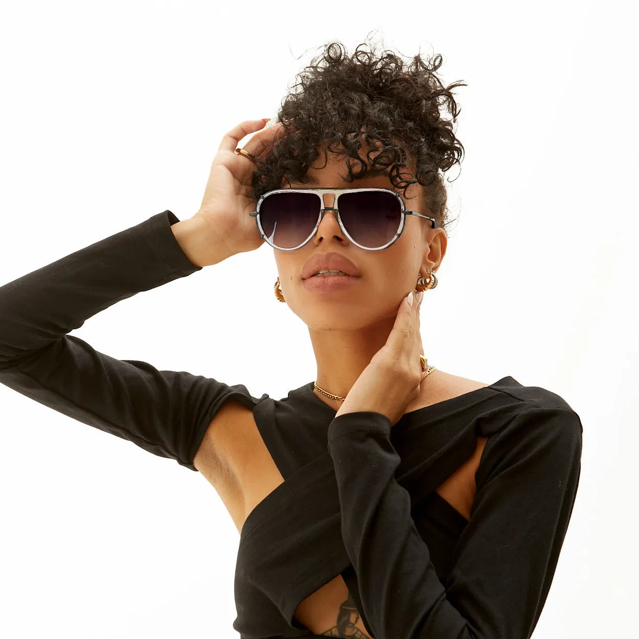 Ivy Luxe - Clear Black Tangle-Free Round Aviator Sunglasses