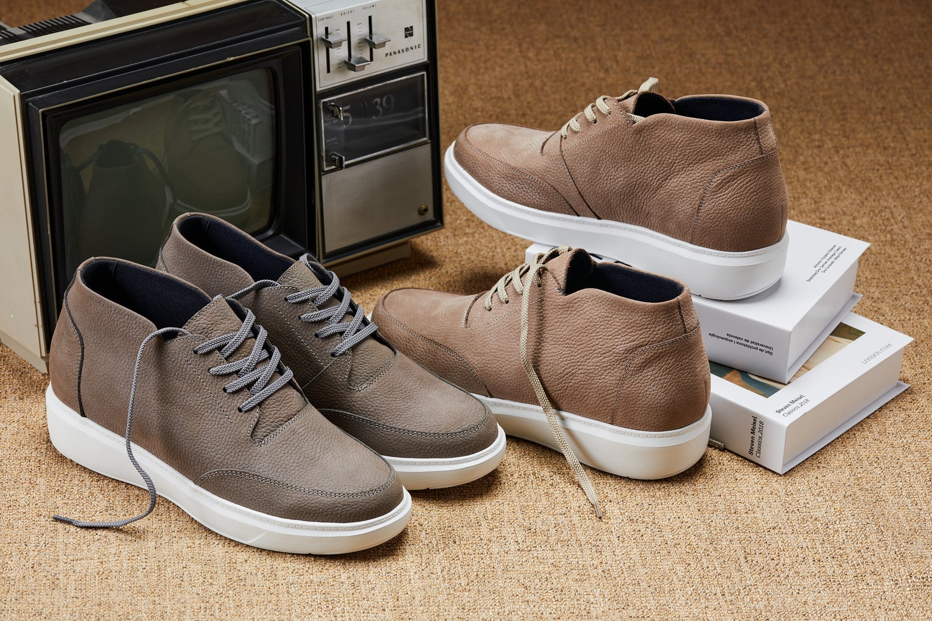 J1770 - 3.2 Inches Taller (Khaki) - Casual Chunky Sole Men's Shoes - Soft Pebble Grain Nubuck Leather