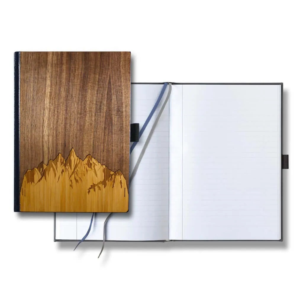 Handcrafted Wooden Journal / Planner / Notebook (Sawtooth Mountains Inlay in Walnut & Bamboo)