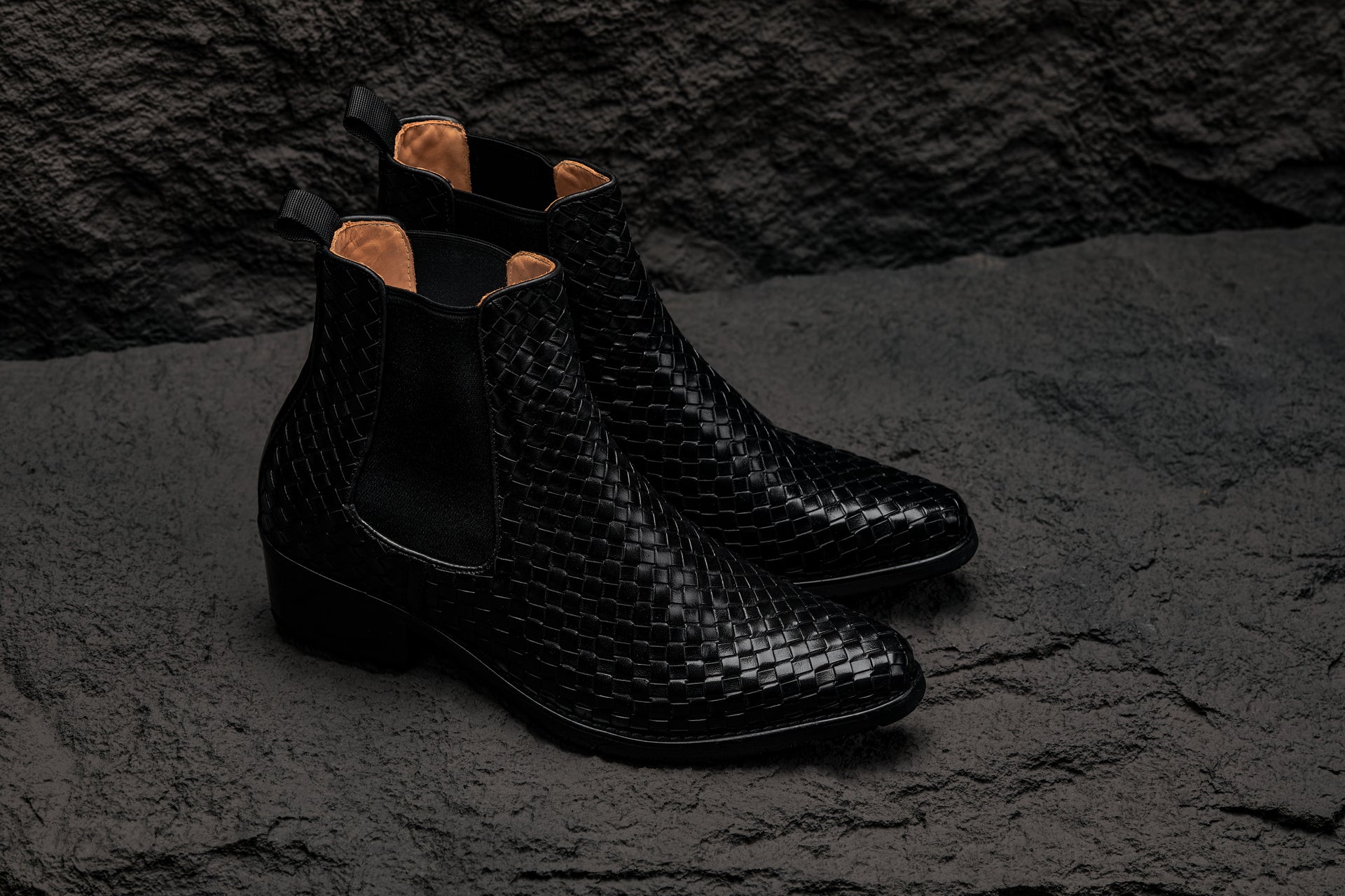 K30521 - 3.3 Inches Taller (Black) - Woven Slip-On High-Top Chelsea Ankle Men's Boots