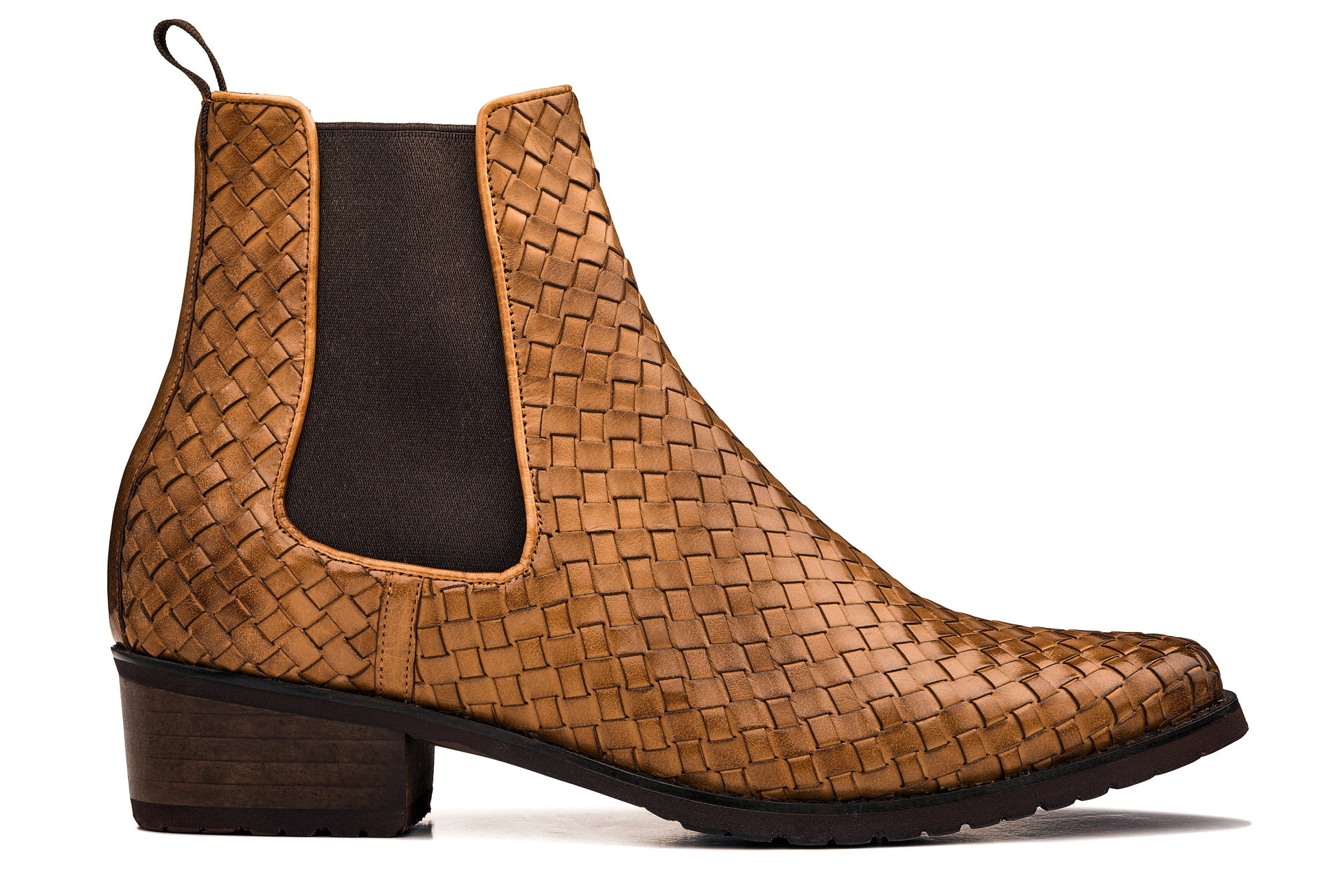 K30522 - 3.3 Inches Taller (Brown) - Woven Chelsea High-Top Slip-On Ankle Men's Boots
