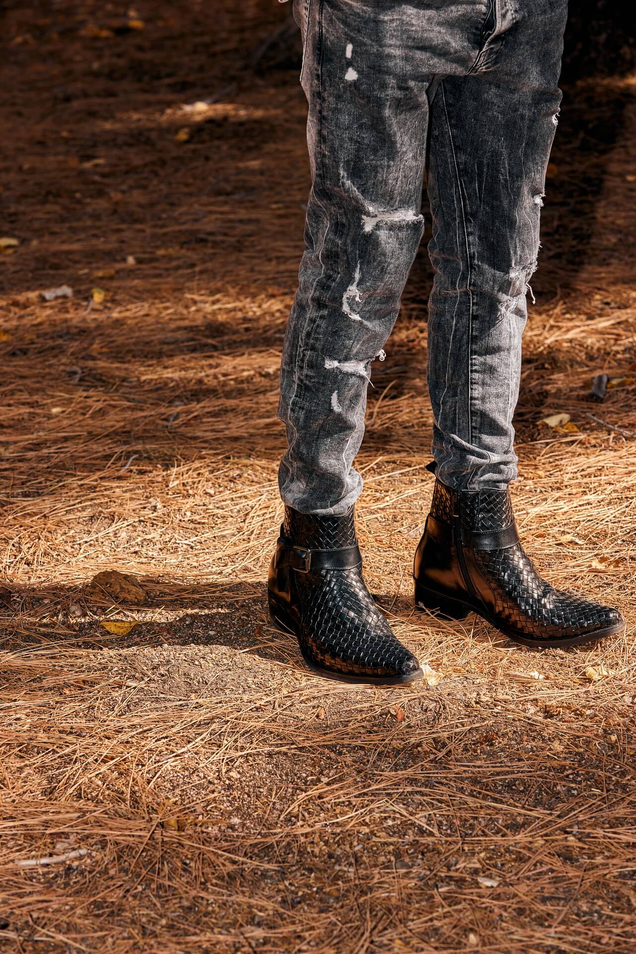 K30523 - 3.3 Inches Taller (Black) - Woven High-Top Ankle Buckle Zipper Men's Boots