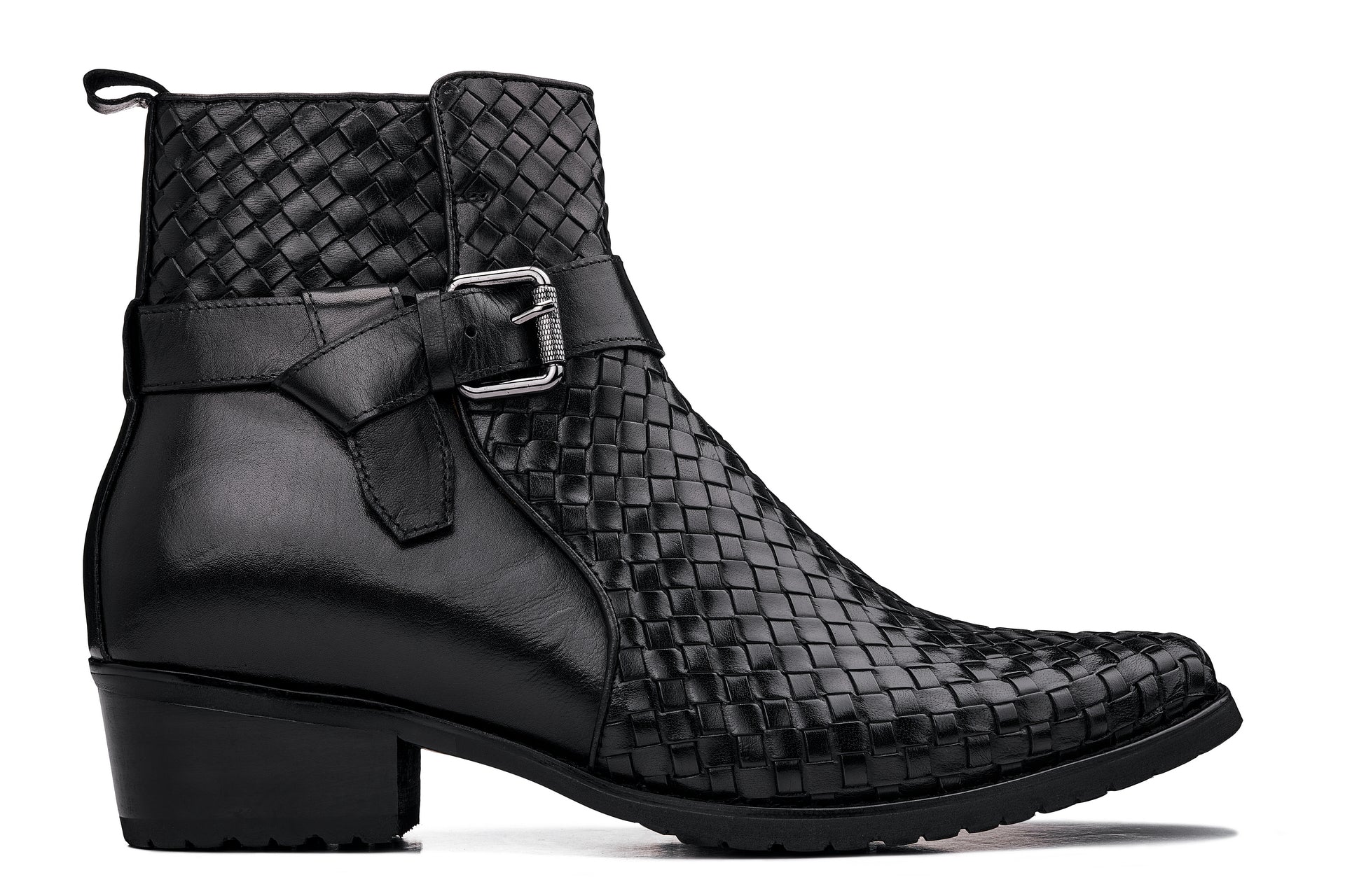 K30523 - 3.3 Inches Taller (Black) - Woven High-Top Ankle Buckle Zipper Men's Boots