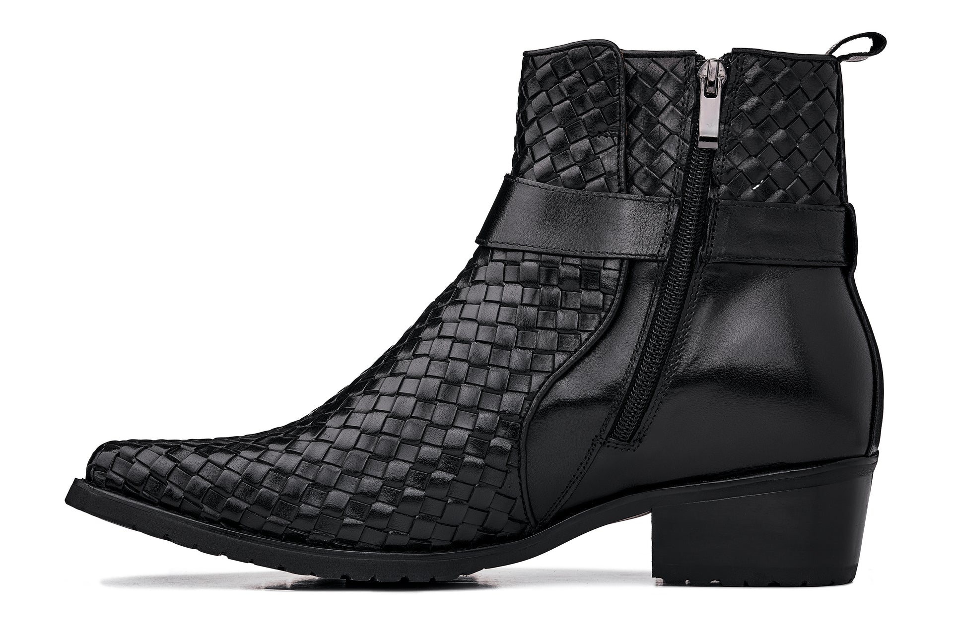 K30523 - 3.3 Inches Taller (Black) - Woven High-Top Ankle Buckle Zipper Men's Boots