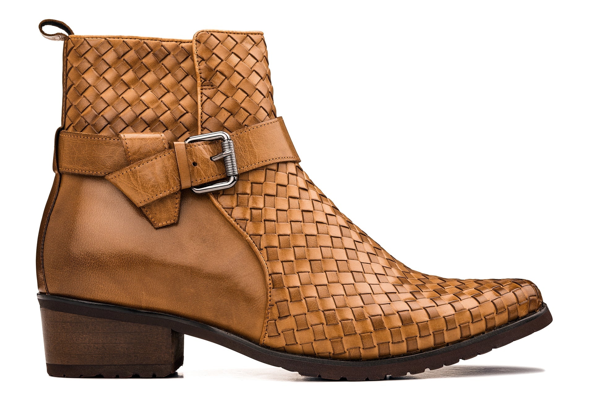 K30524 - 3.3 Inches Taller (Light Brown) - Woven Buckle High-Top Ankle Zip-Up Men's Boots