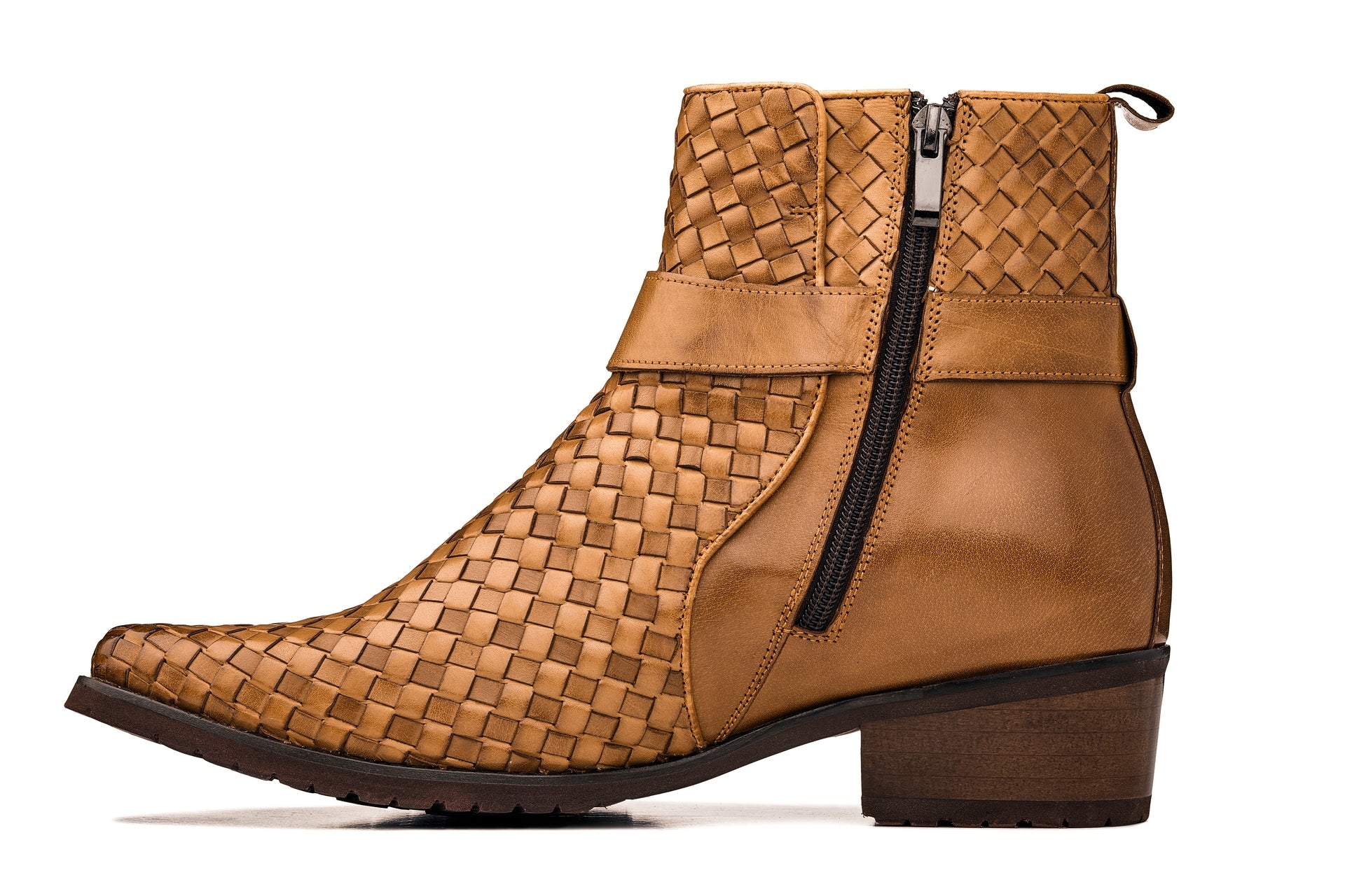 K30524 - 3.3 Inches Taller (Light Brown) - Woven Buckle High-Top Ankle Zip-Up Men's Boots