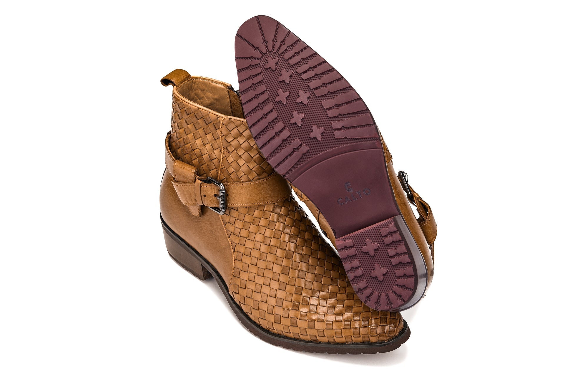 K30524 - 3.3 Inches Taller (Light Brown) - Woven Buckle High-Top Ankle Zip-Up Men's Boots