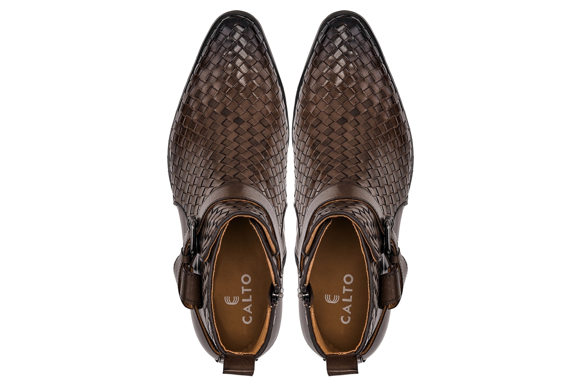 K30525 - 3.3 Inches Taller (Coffee Brown) - Woven High-Top Buckle Zipper Ankle Men's Boots