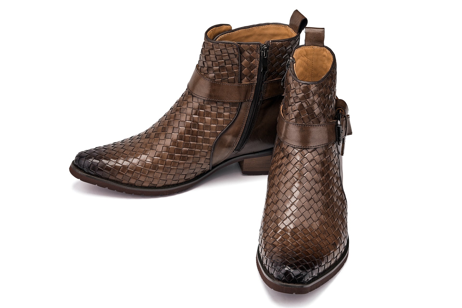 K30525 - 3.3 Inches Taller (Coffee Brown) - Woven High-Top Buckle Zipper Ankle Men's Boots