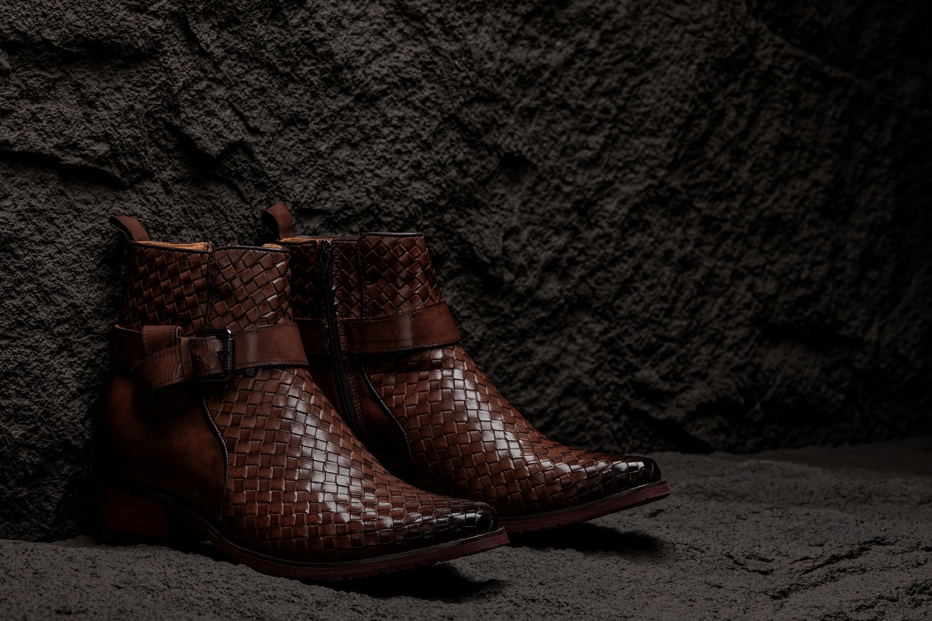 K30525 - 3.3 Inches Taller (Coffee Brown) - Woven High-Top Buckle Zipper Ankle Men's Boots
