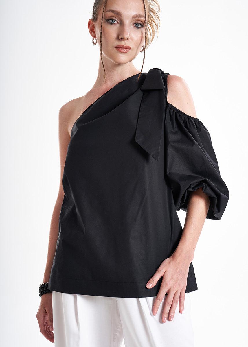 Amuri One Shoulder Black Premium Poplin Blouse