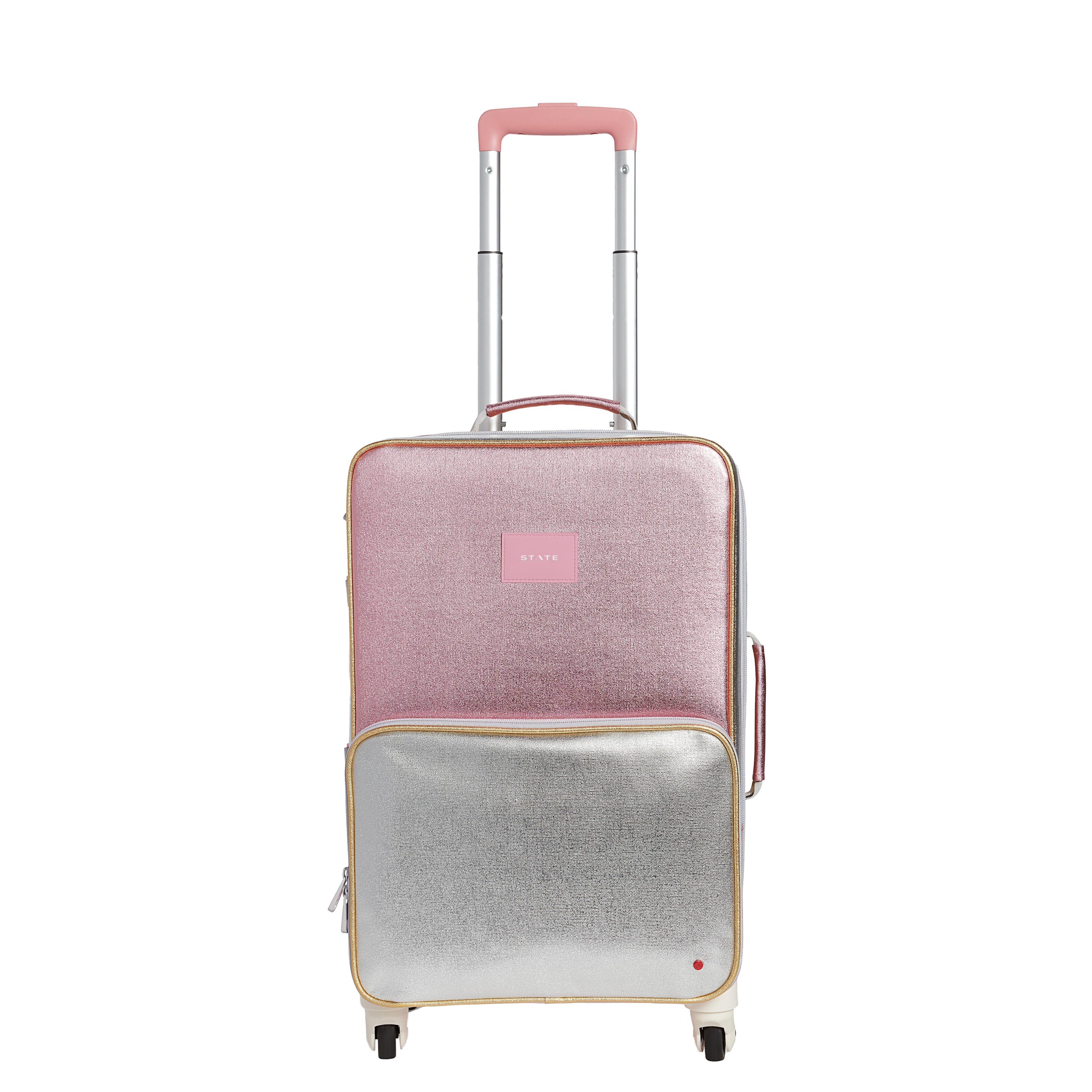 Two-tone pink and silver suitcase on a white background