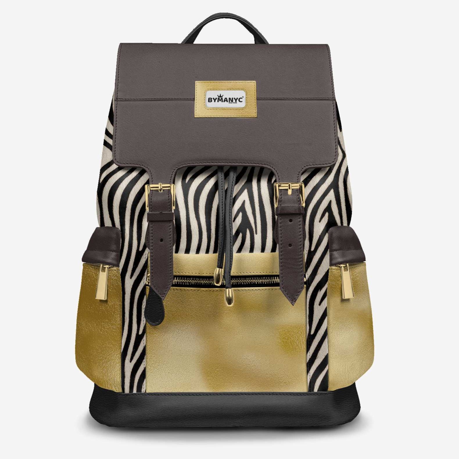 Backpack with zebra print and gold accents on a white background