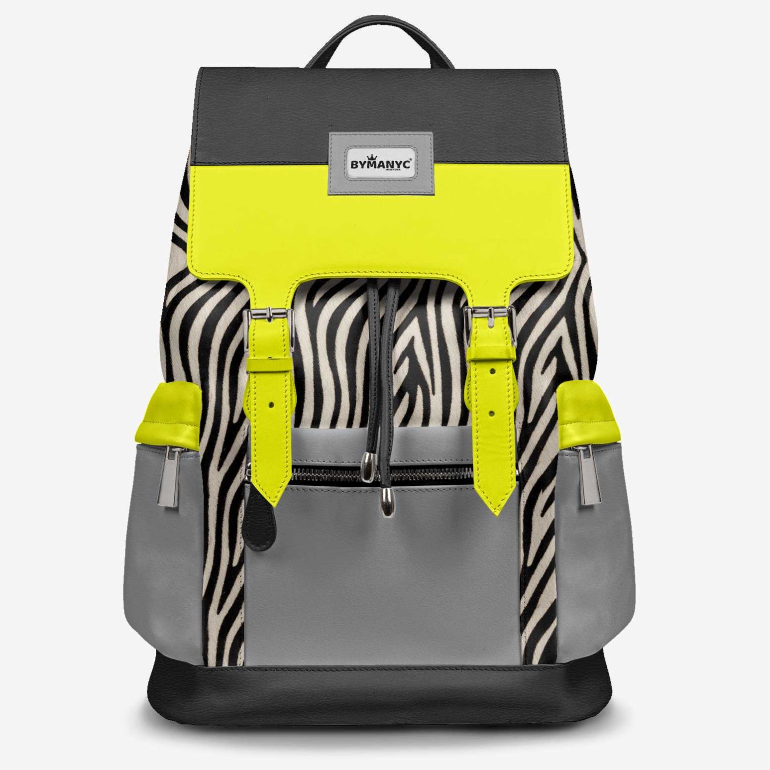 Backpack with zebra pattern and yellow accents on a white background