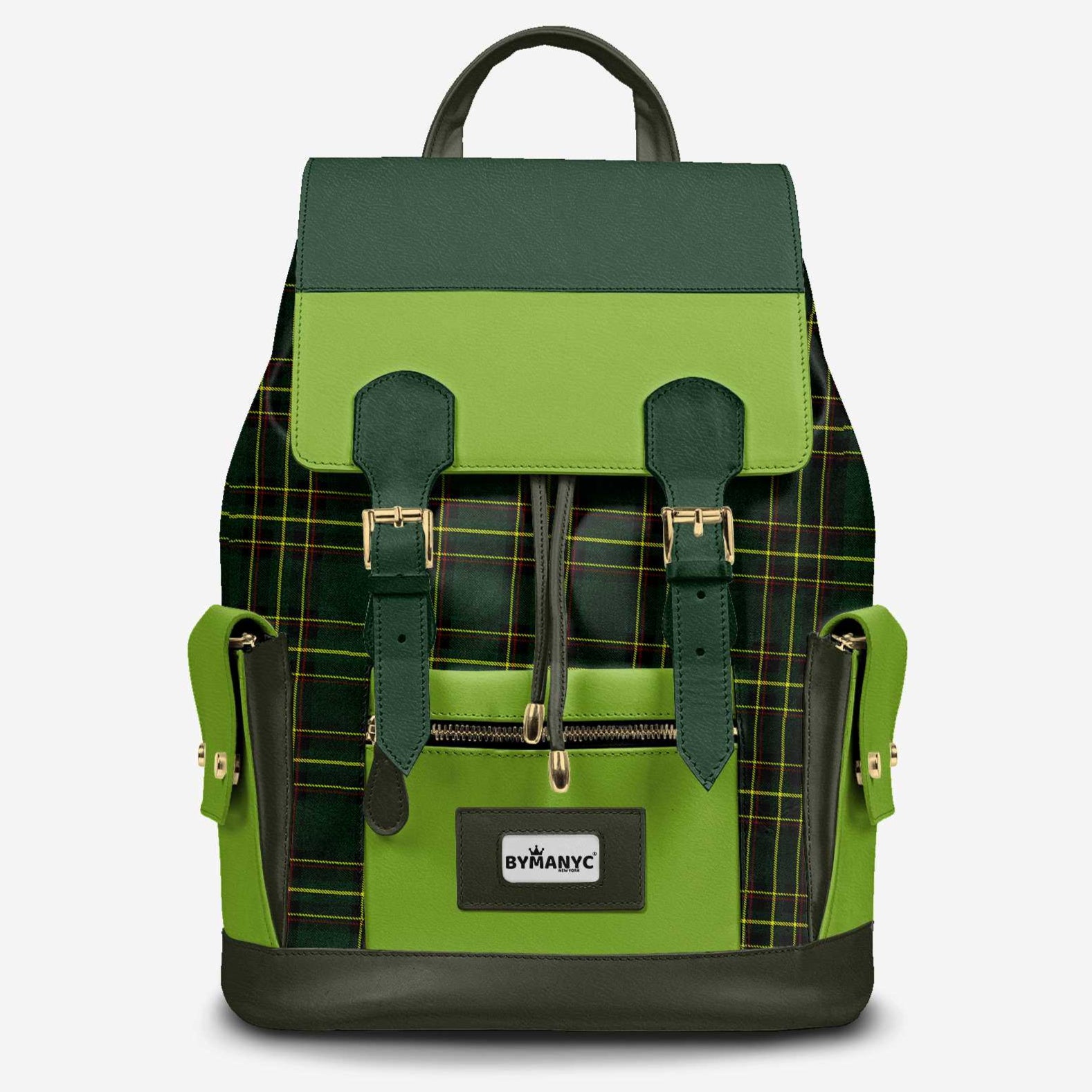 Green backpack with plaid pattern on a white background