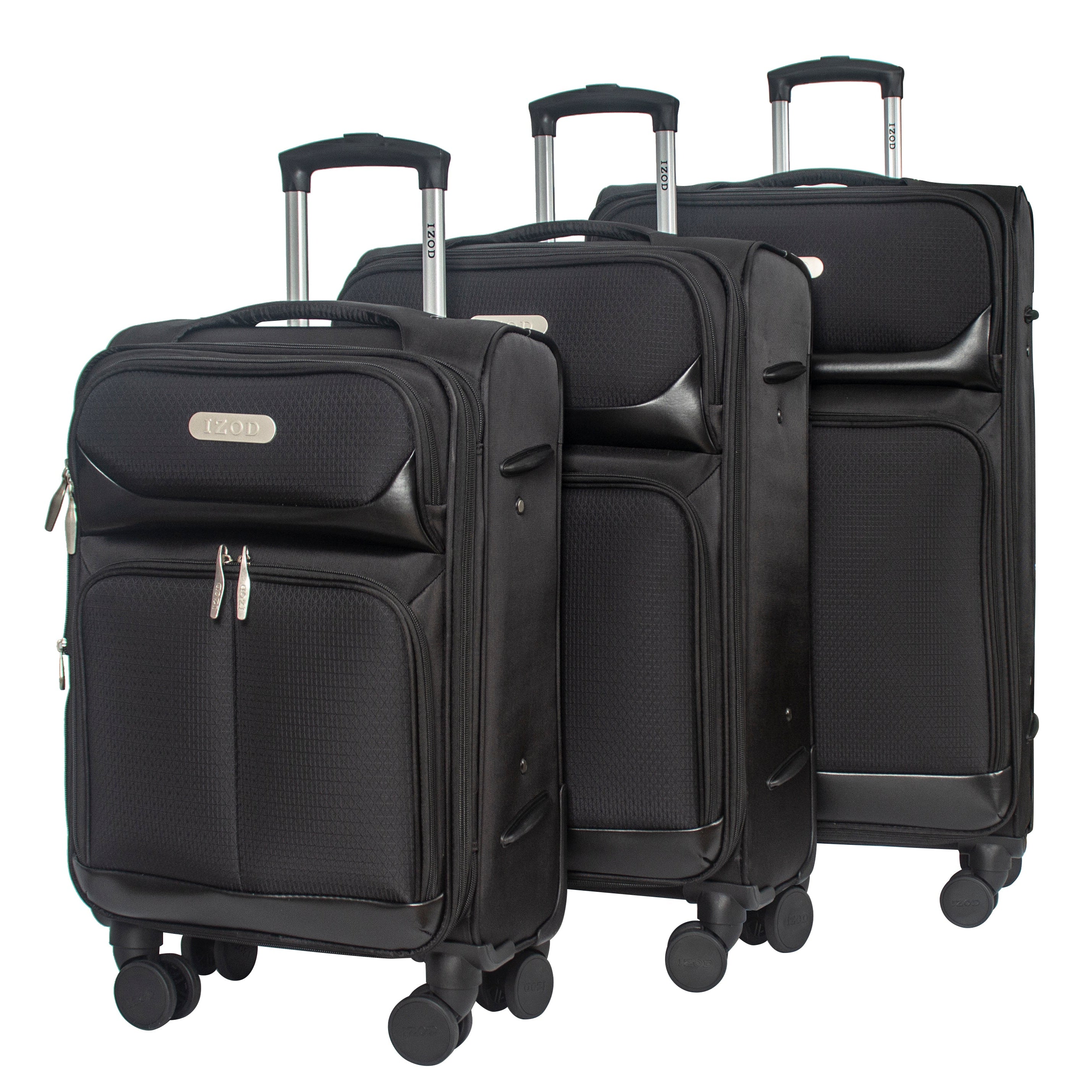 Three black suitcases of different sizes on a white background