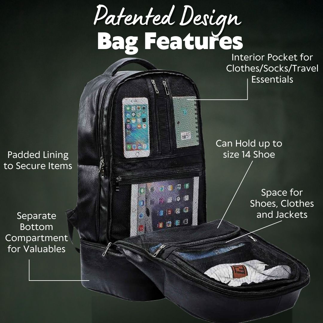 Black Leather Patented Carry On Backpack