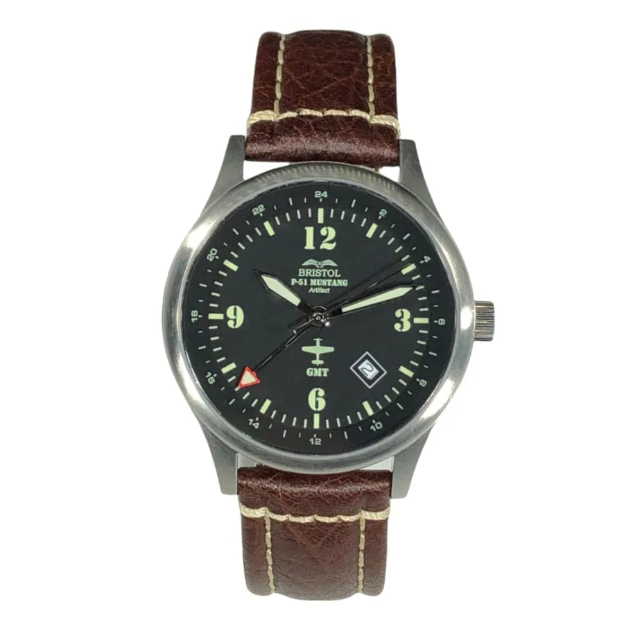 P-51 Mustang Tribute Men's Watch - Stainless Steel, Brush Finish, Brown Leather Band
