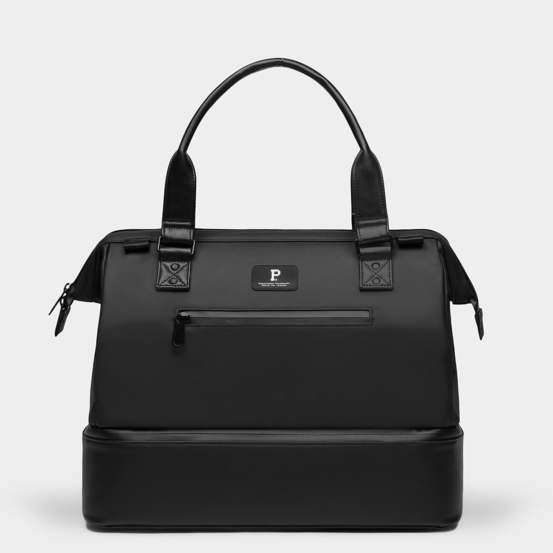Black handbag with a brand logo on a light gray background