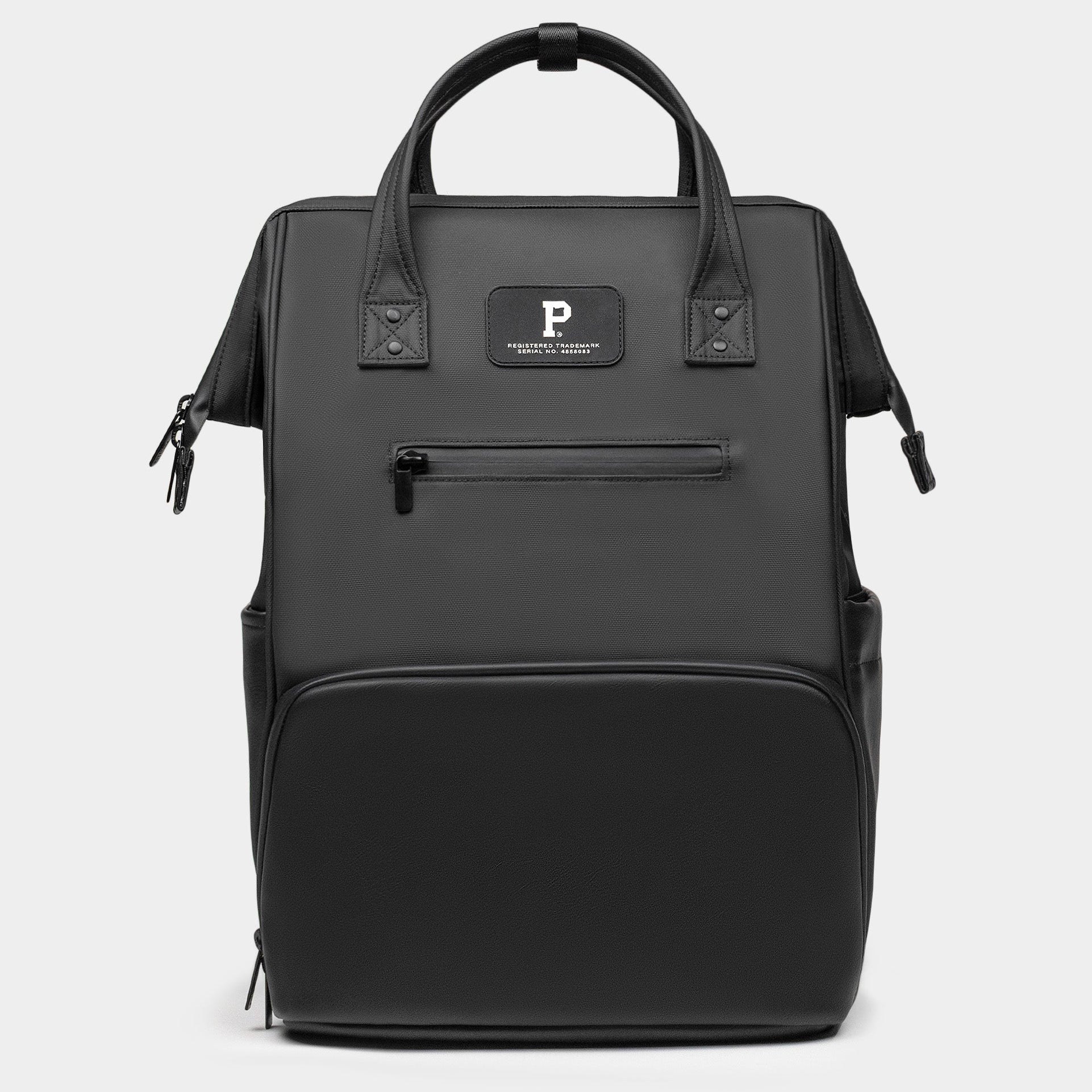 Black backpack with a brand logo on a light gray background