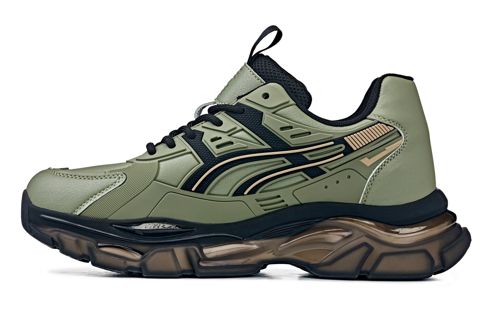 S5284 - 2.6 Inches Taller (Khaki Green/Translucent Onyx Sole) - Chunky Sole Sporty Men's Sneakers