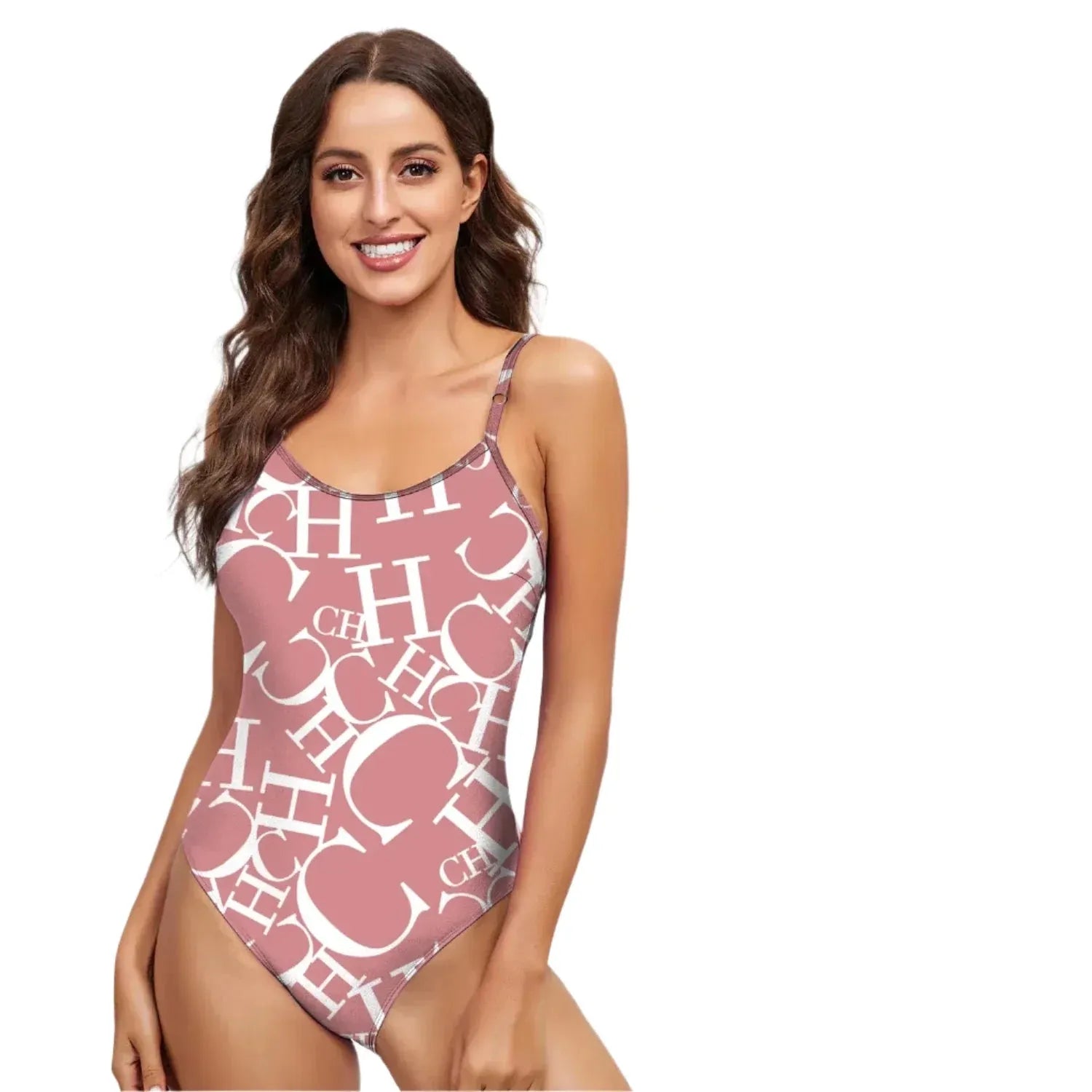 Women's Swimwear CH Letter Pink Triangle One-piece Swimsuit