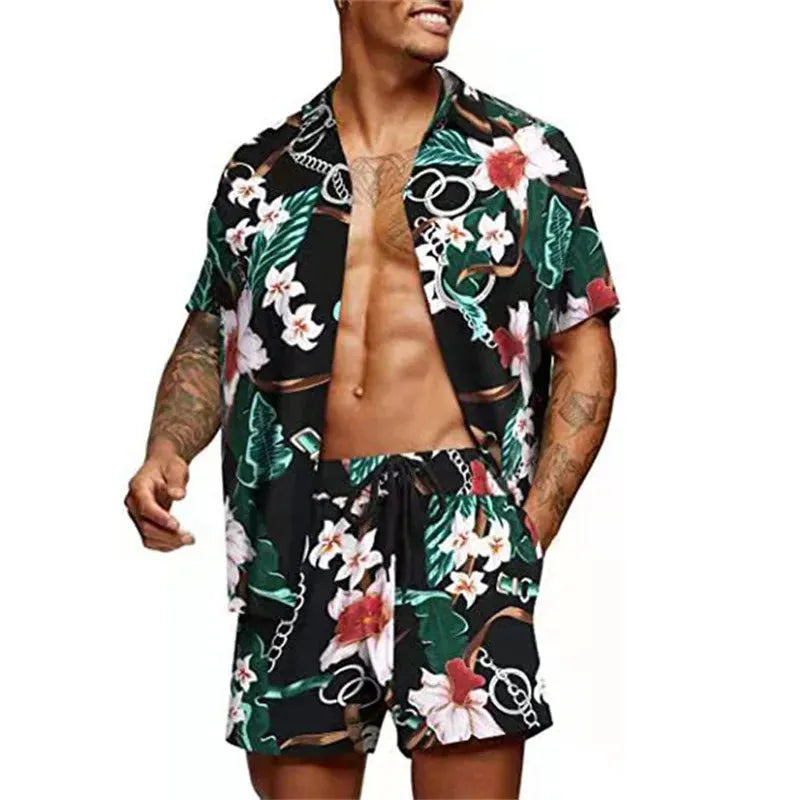 Floral Hawaiian two piece men beach shorts set