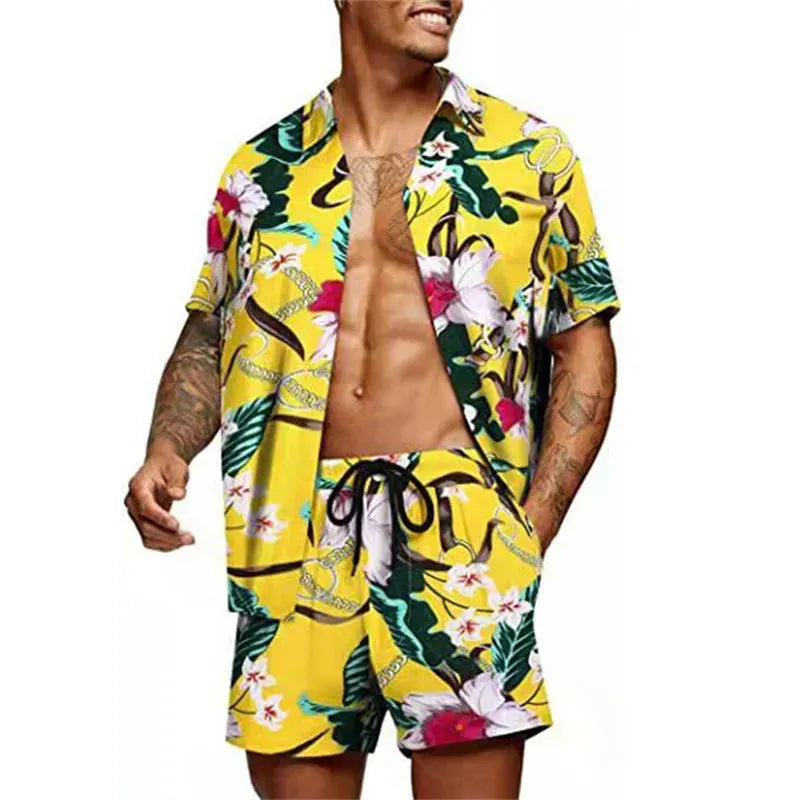 Floral Hawaiian two piece men beach shorts set