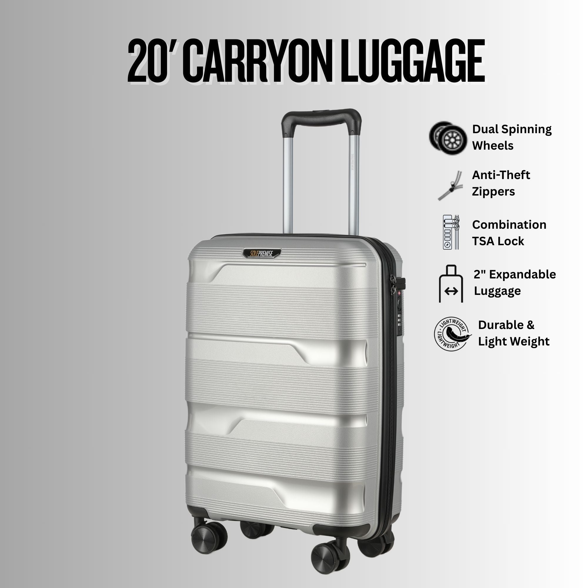 20-inch Silver Carry-On Hardcase Roller Luggage with 360° Wheels