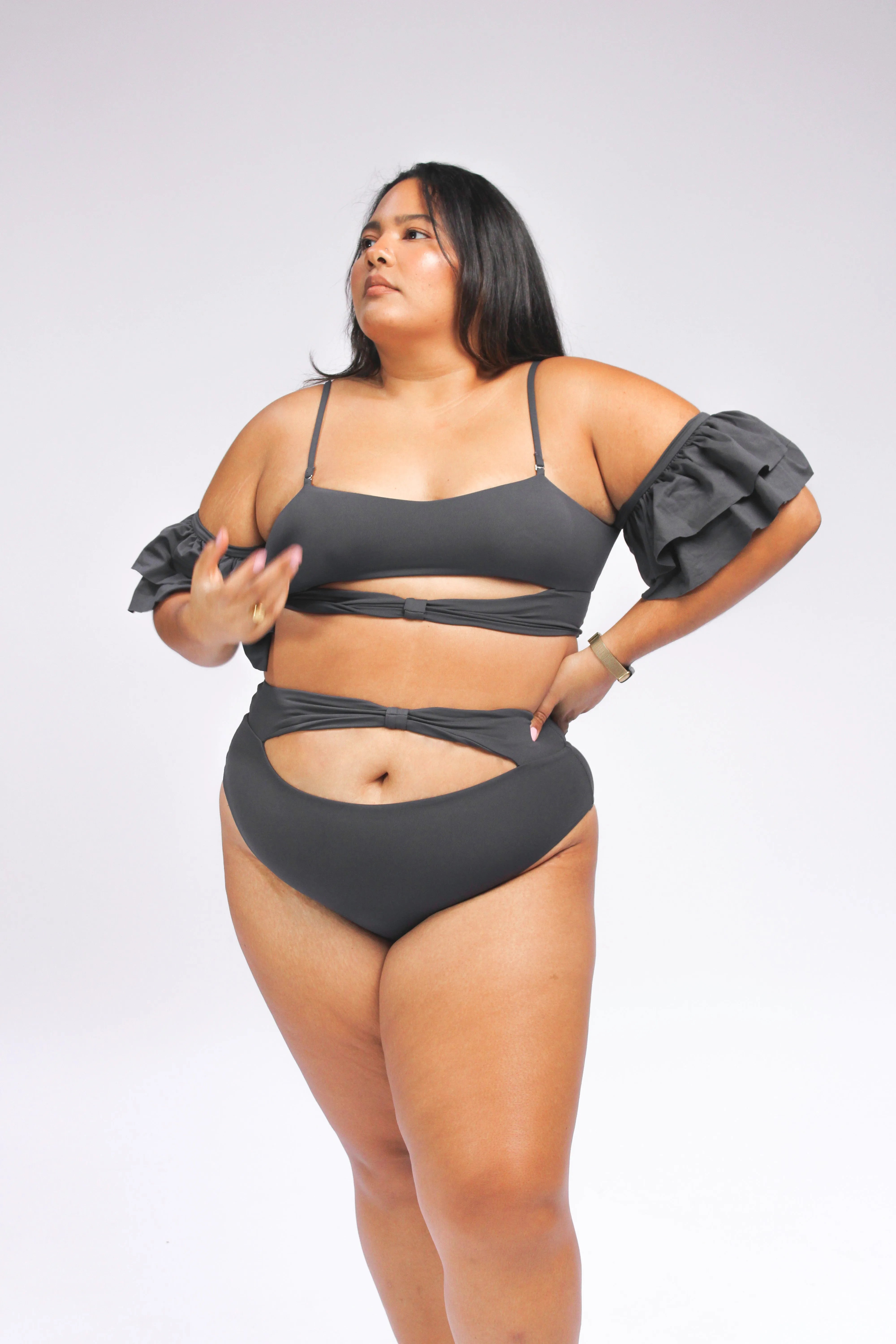 Ty Cutout Bikini Top with Ruffle Sleeves