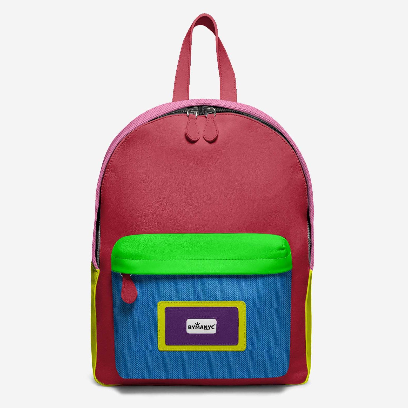 Colorful backpack with a visible brand logo on a white background