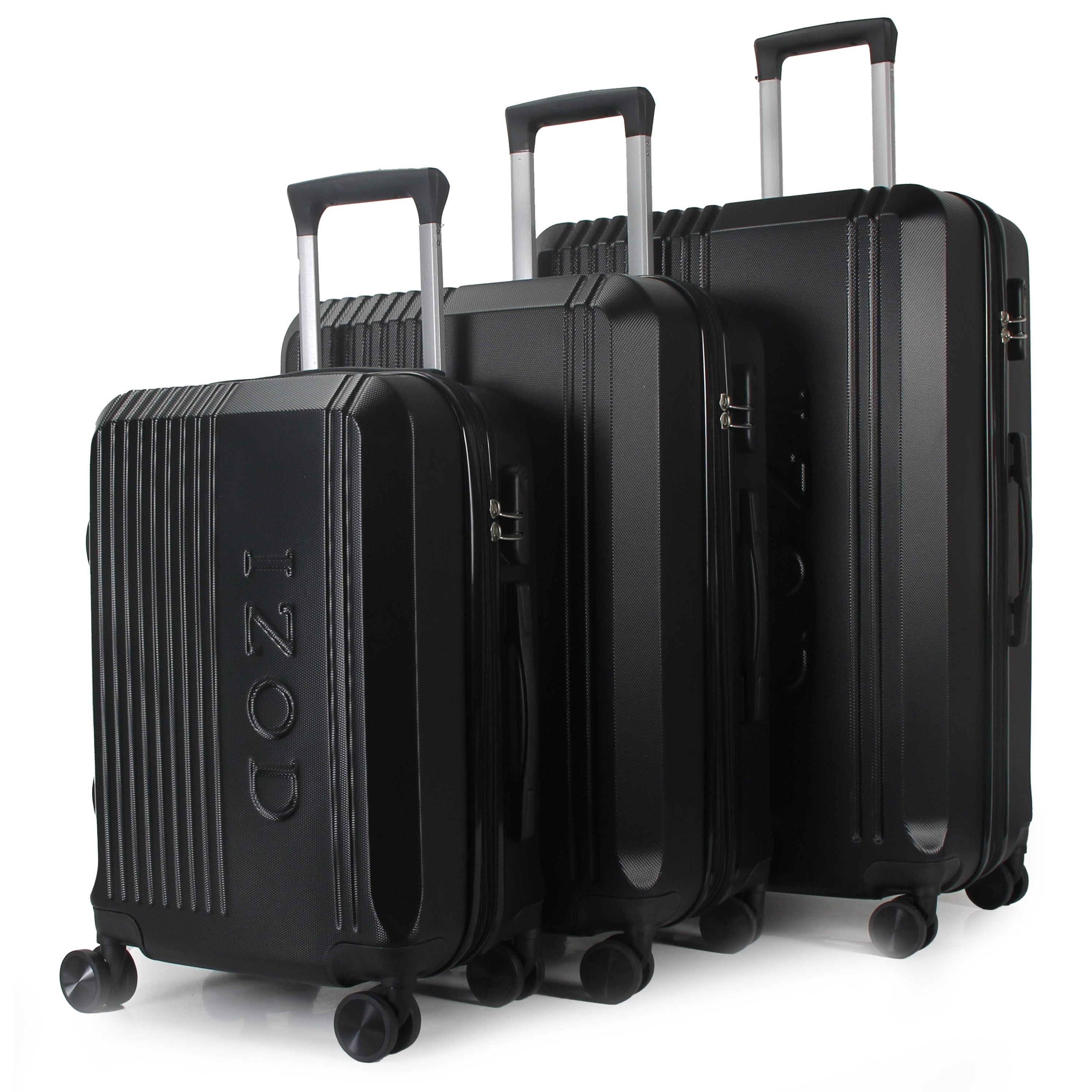 Three black suitcases of different sizes with 'IZOD' branding on a white background